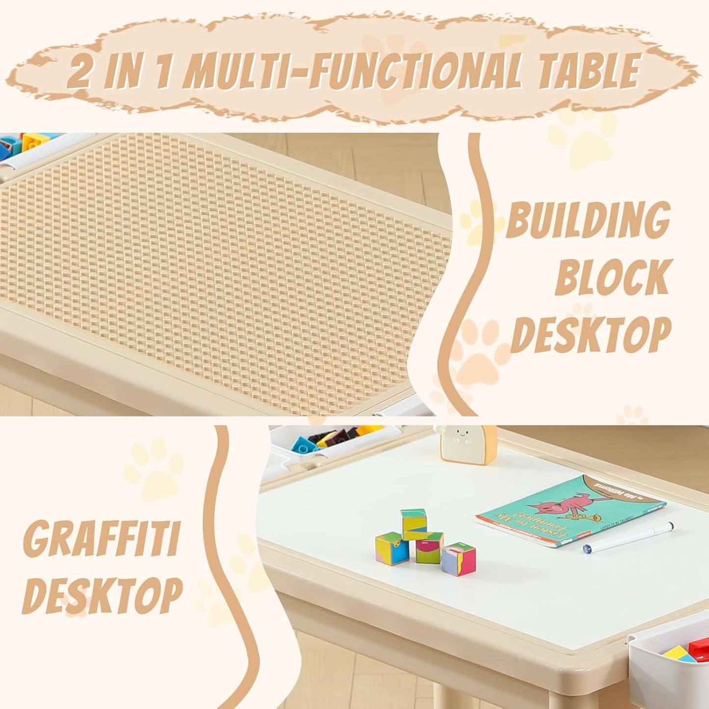 Multi Functional Kids Table and 2 Chairs Set, Graffiti & Building Blocks Double-Sided Tabletop, Toddler Play Table with Drawers, Large Storage Space, Gift for Boys/Girls, Burlywood