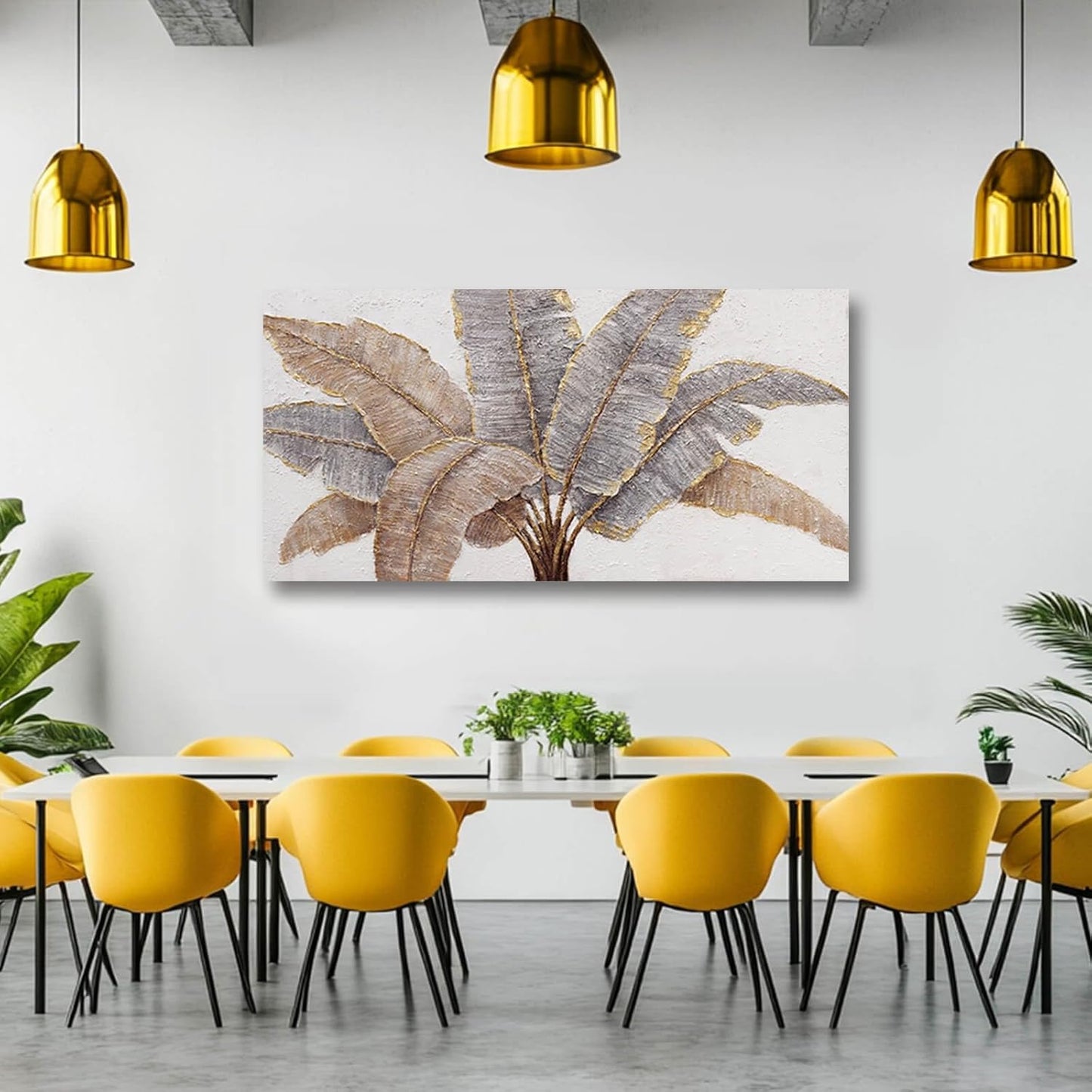White and Gold Canvas Wall Decor Textured Wall Art Leaves Artwork for Living Room Office Contemporary Art Plant Picture for Home 29x58 Inch