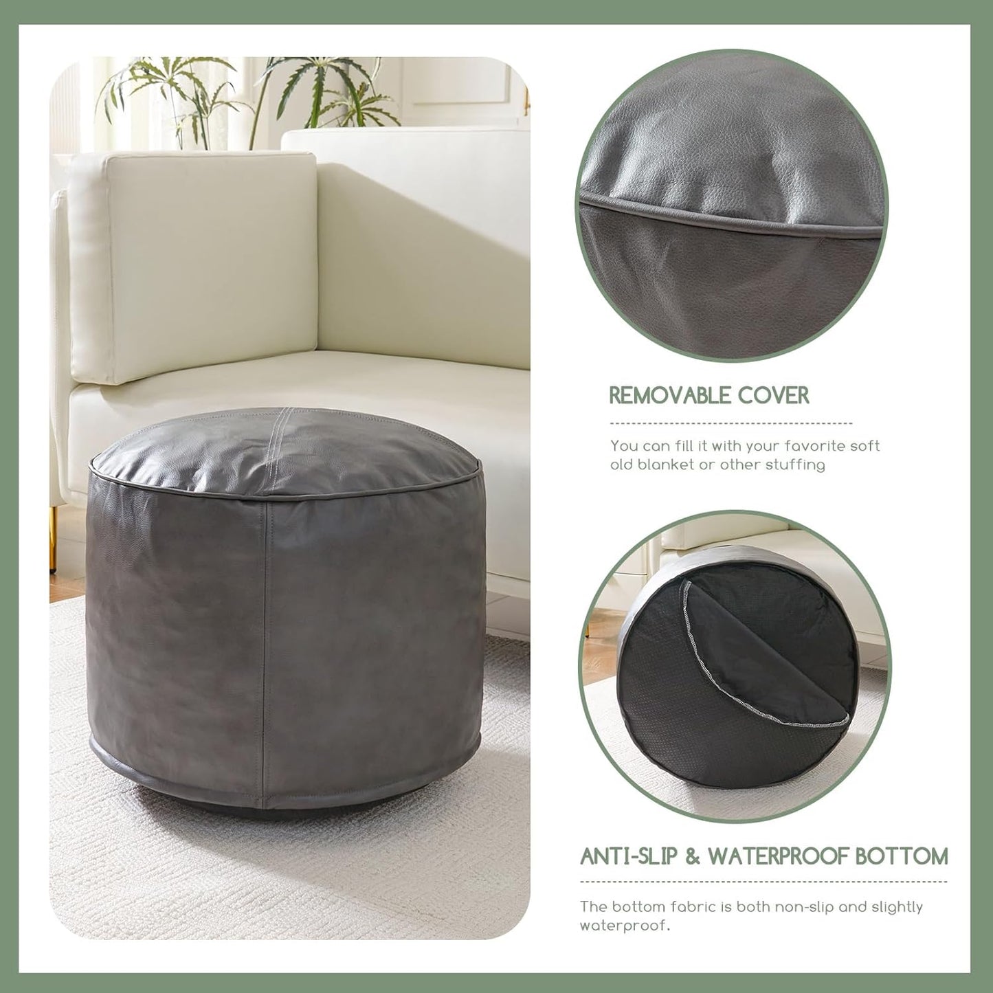 HIGOGOGO Round Stuffed Pouf Ottoman, Pu Leather Poufs with Foam Chunk Filling, Furry and Fluffy Pouf Foot Stool Storage Ottoman, 20 X 15 Floor Poufs Foot Rest for Living Room, Grey