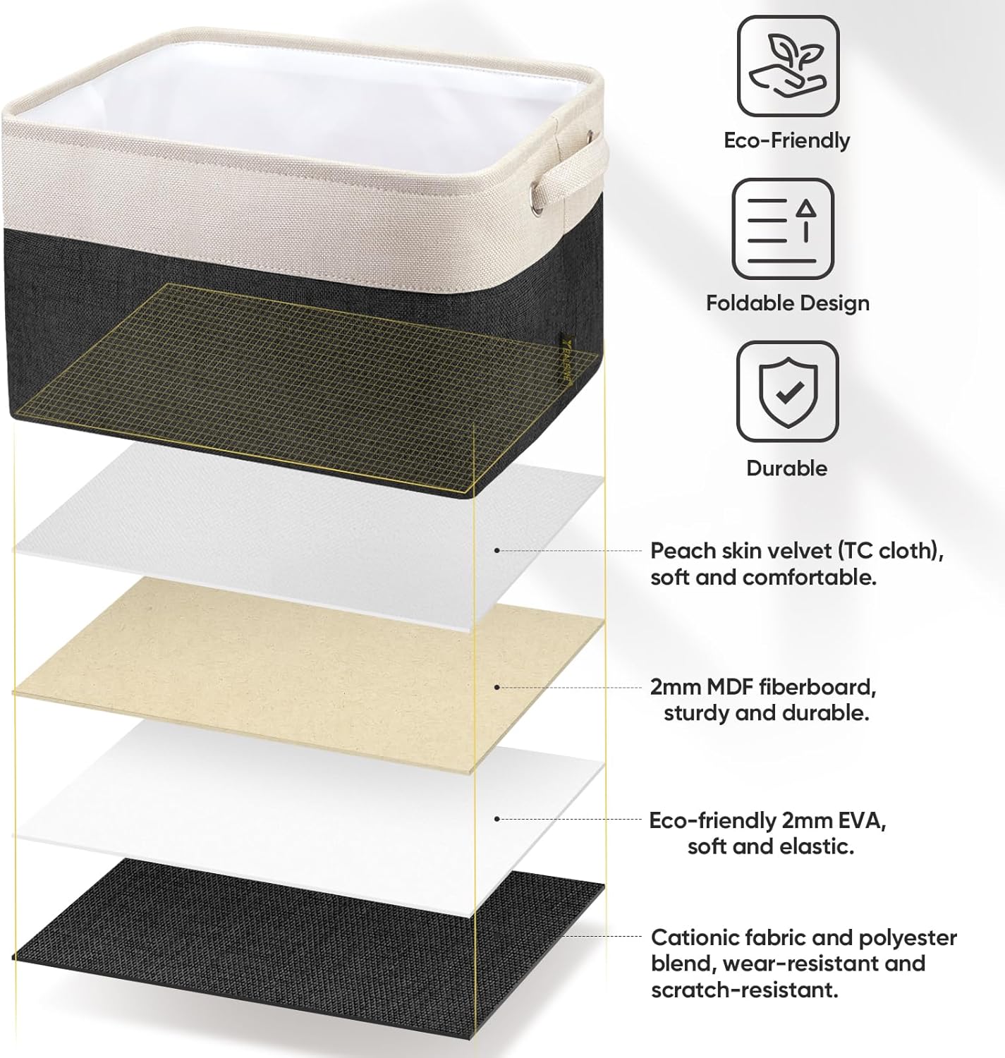 BALEINE Fabric Storage Bins for Shelves, Linen Storage Baskets for Organizing, Decorative Closet Storage Bins for Clothes, Toys, Home Storage (Black, 4 Pack)