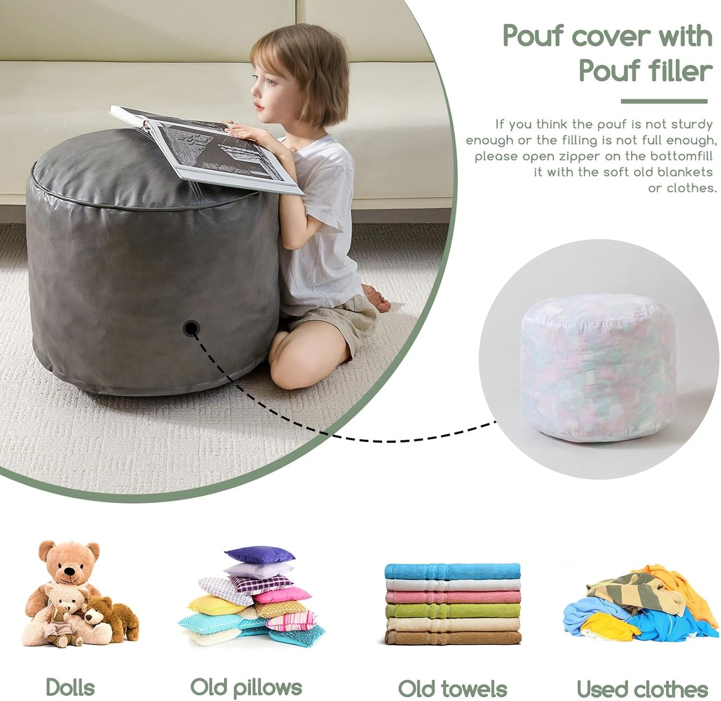 HIGOGOGO Round Stuffed Pouf Ottoman, Pu Leather Poufs with Foam Chunk Filling Foot Stool Storage Ottoman, 26 X 18 Floor Poufs Foot Rest for Living Room, Grey