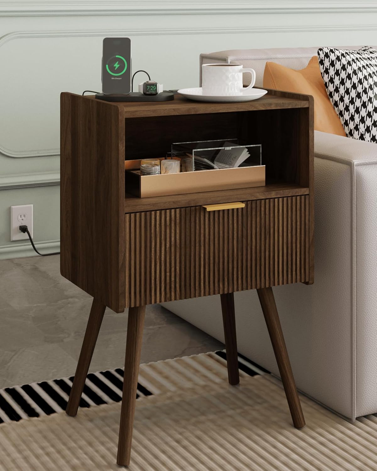 Nightstand,Modern Bedside Table with Storage Drawer and Open Wood Shelf, Accent Night Stand with Solid Wood Legs for Living Room, Bedroom and Small Spaces,Easy Assembly (Walnut Brown-Outlet)