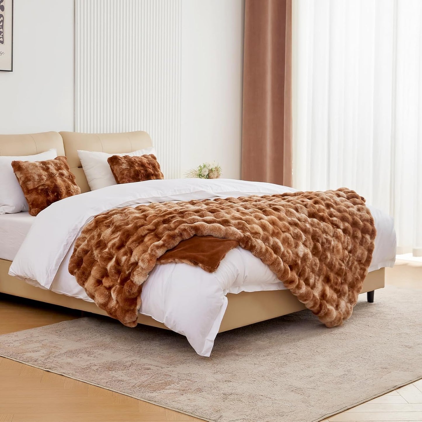 BENVWE Faux Fur Throw Blanket for Couch - Fluffy Soft Thick Bubble Blanket for Living Room Home Decor - Fathers Day Birthday Gifts for Women Men, Tie-dye Caramel, 50" x 60"