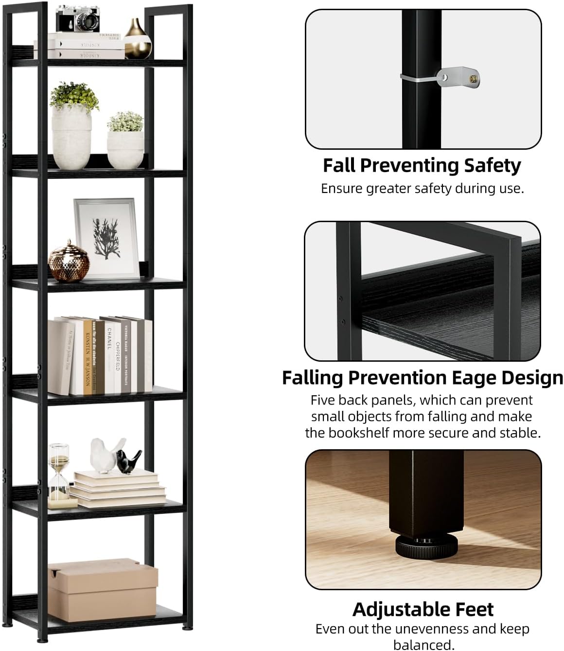 NUMENN Narrow Bookshelf, 6 Tier Bookshelves, Home Office Bookcase Shelf Storage Organizer, Free Standing Storage Shelving Unit for Bedroom, Living Room and Home Office, Black