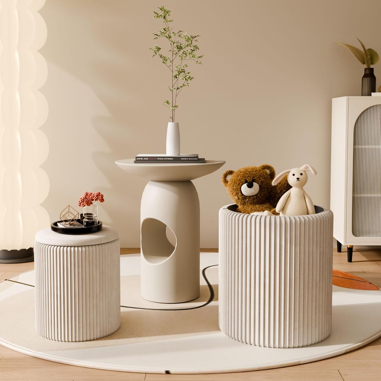 Ottoman with Storage Set of 2, Velvet Storage Ottoman, Upholstered Sponge Vanity Stool Support 300lbs, Multifunctional Coffee Table Foot Rest Ottomans for Living Room Bedroom, Beige