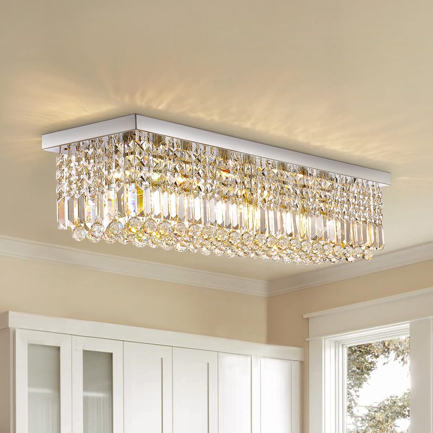 Siljoy Modern Crystal Chandelier 8-Lights Rectangular Flush Mount Pendant Ceiling Light Fixture Rectangle K9 Crystal Raindrop Chandelier for Dining Living Room Kitchen Island L40'' x W10'' x H10'