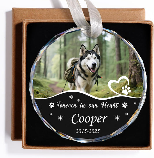 Personalized Pet Memorial Ornament - Custom Photo, Name & Dates - Forever in Our Hearts Glass Crystal Keepsake Ornaments - Dog Memorial Gifts for Loss of Dog, Cat
