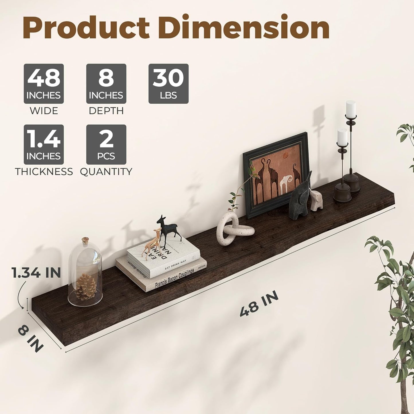 Axeman 48 inch Floating Shelves for Wall - 8'' D Live Edge Rustic Solid Elm Wood Floating Shelves Wall Mounted, Hanging Shelves with Invisible Bracket for Living Room Bedroom Kitchen, Walnut