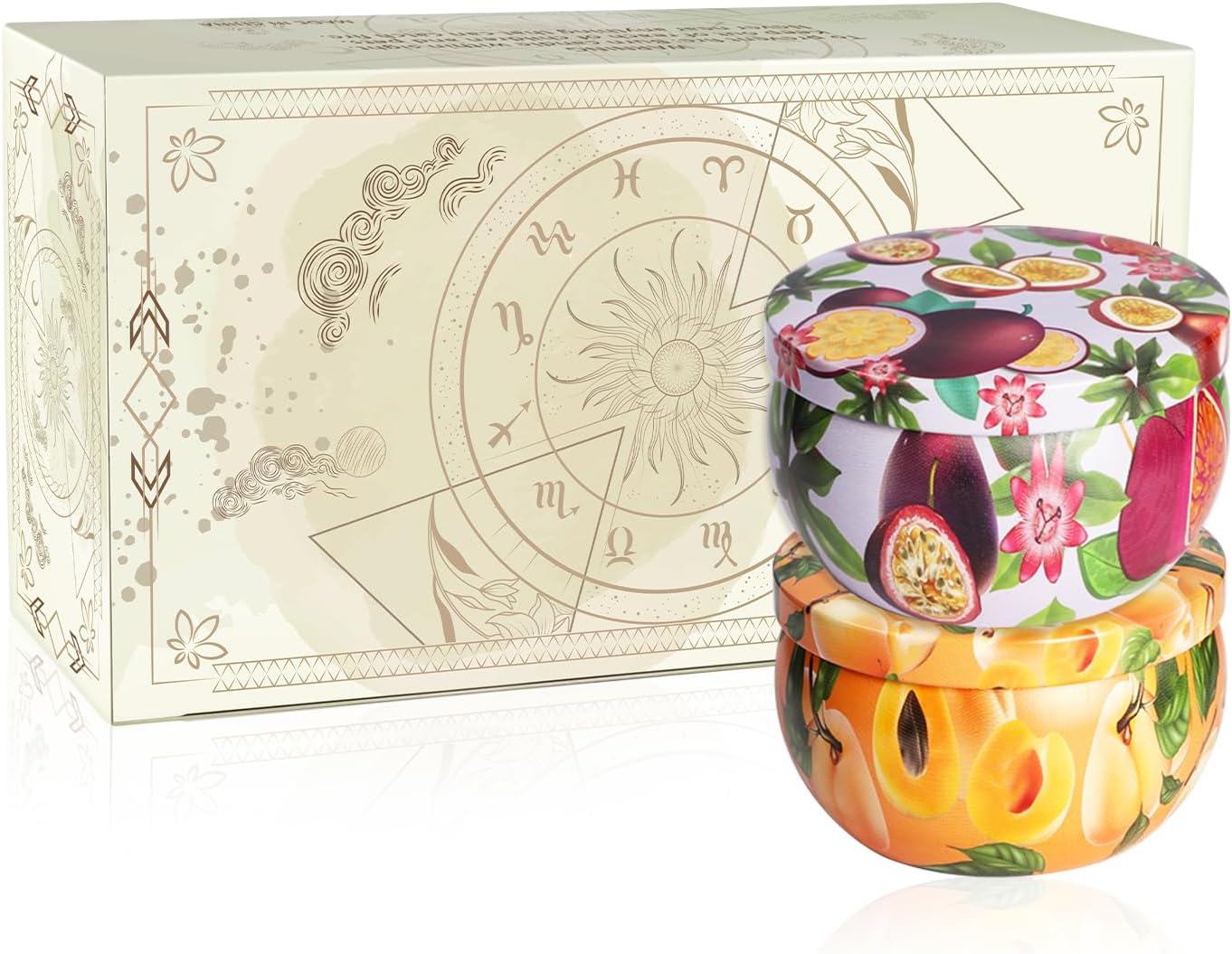 Set of 2 | 2.5-Ounce Scented Jar Candles - Fruit Style - Perfect for Home, Spa, Yoga Studio - Vibrant Colorful Iron Can Jars Candles(Passion Fruit & Apricot Fragrance)