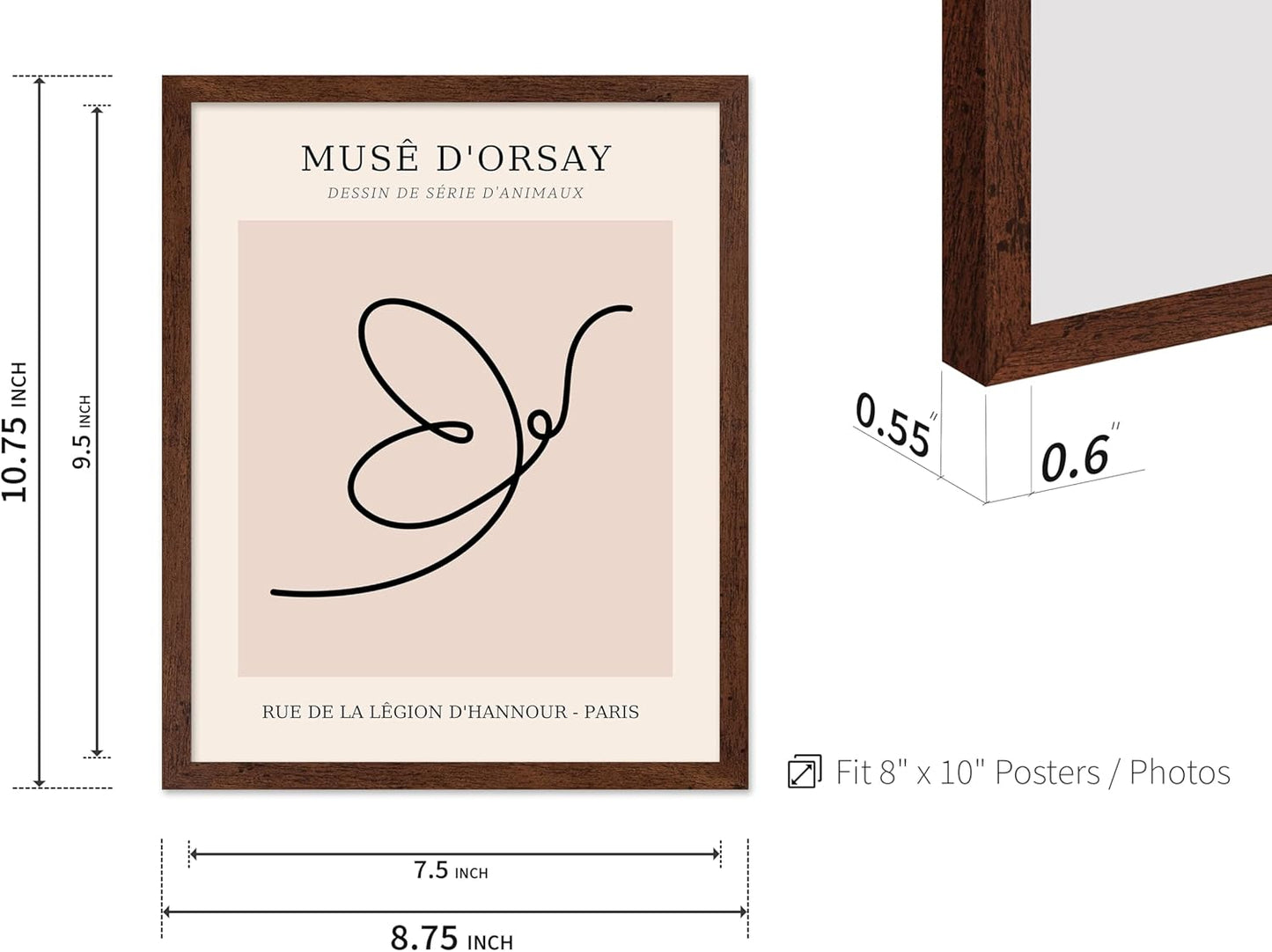 Poster Master Vintage Poster - Retro One Line Butterfly Drawing Print - Butterfly Line Art - Minimal Gift for Him, Her, Animal Lover - Abstract Decor for Home, Office, 8x10 Brown Framed