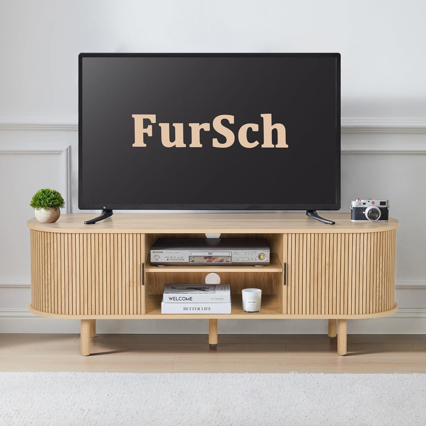 54" Tambour Door TV Stand,Wood Mid Century Modern TV Cabinet for Up to 65“ TV,Curved Edge Long TV Stand with Storage for Bedroom Living Room(Natural, 54inch)