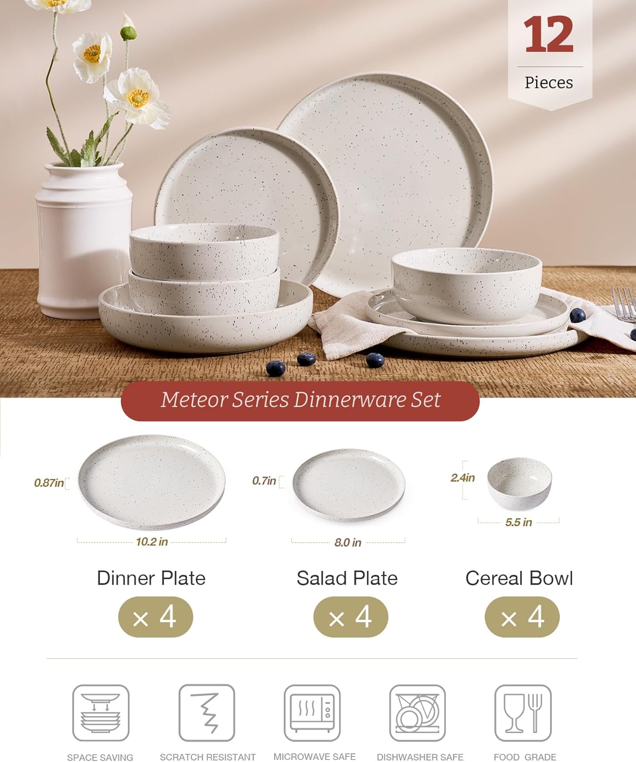 Famiware Meteor Plates and Bowls Sets for 4, 12 Pieces Dinnerware Sets, Microwave and Dishwasher Safe Dishes Set, Creamy White
