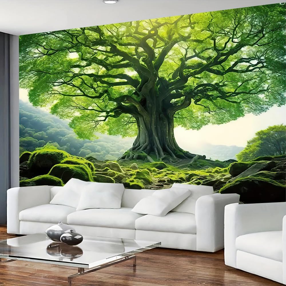 FENDROM Nature Green Big Tree Wall Tapestry Landscape Forest Mountains Sunshine Through Tree of life 3D Print Wall Art for Bedroom Living Room Dorm Decor