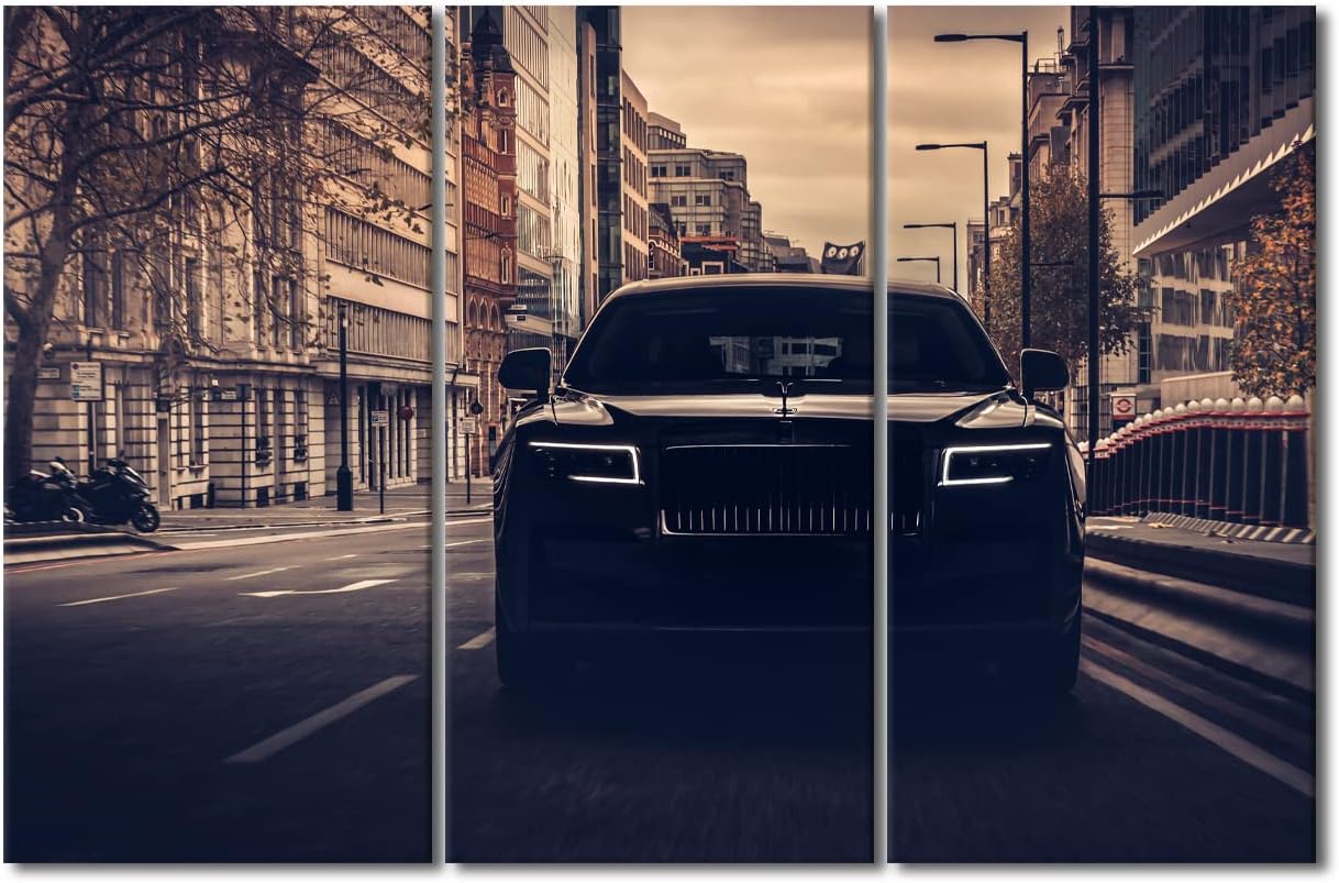 TUMOVO Canvas Wall Art for Bedroom Black Speedy Car on the Street Living Room Retro Decor 3 Panels Rustic Modern Artwork Home Walls Giclee Framed Ready to Hang 42inch Wx28 H, 28 x 14 inch