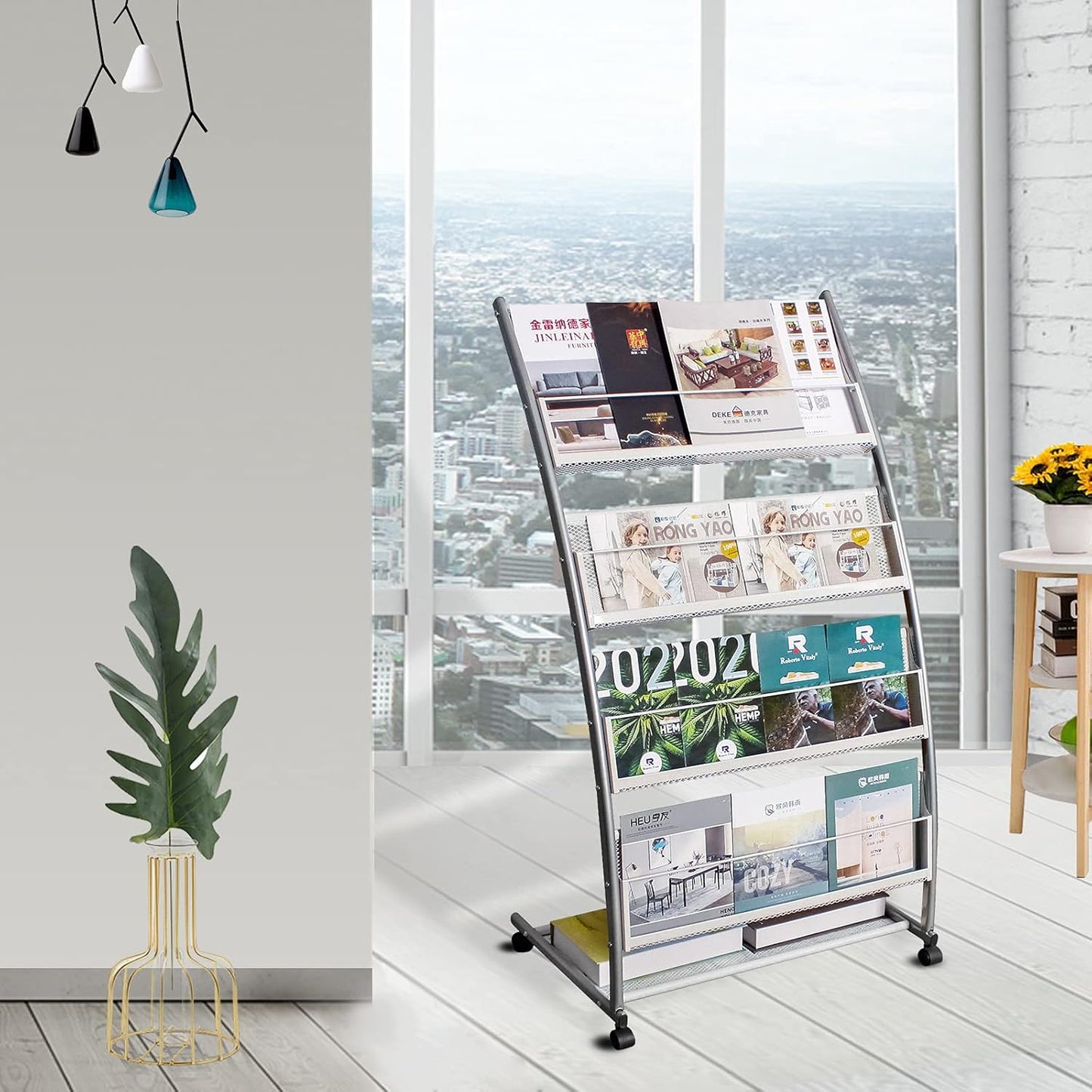 Brochure Display Stand, Floor-Standing Magazine Rack with 4 Pockets, Information Rack With casters Easy to Move for Trade Show Exhibitions Office Retail Store 44.1" H