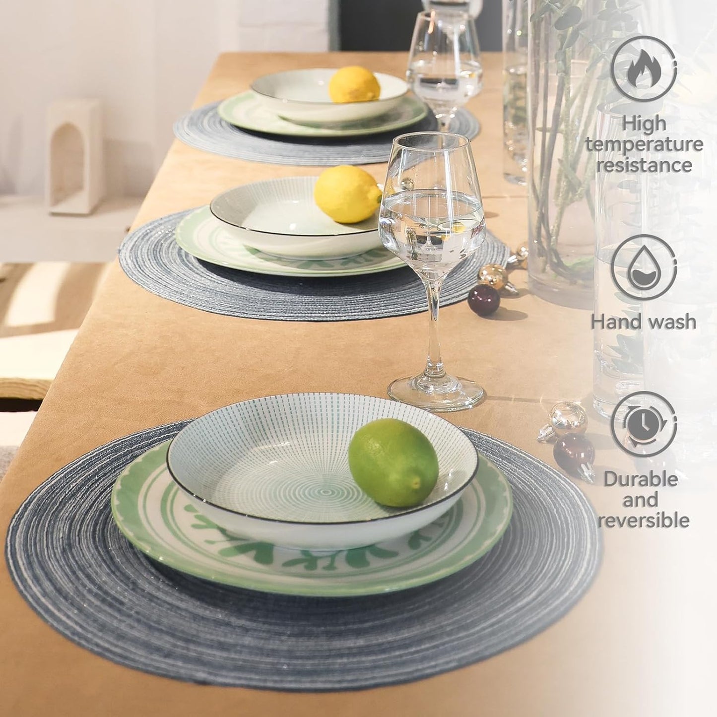 AHHFSMEI Round Braided Placemats Set of 6 Round Table Mats for Dining Tables Natural Woven Heat Resistant Place mats 15 Inch (Teal)