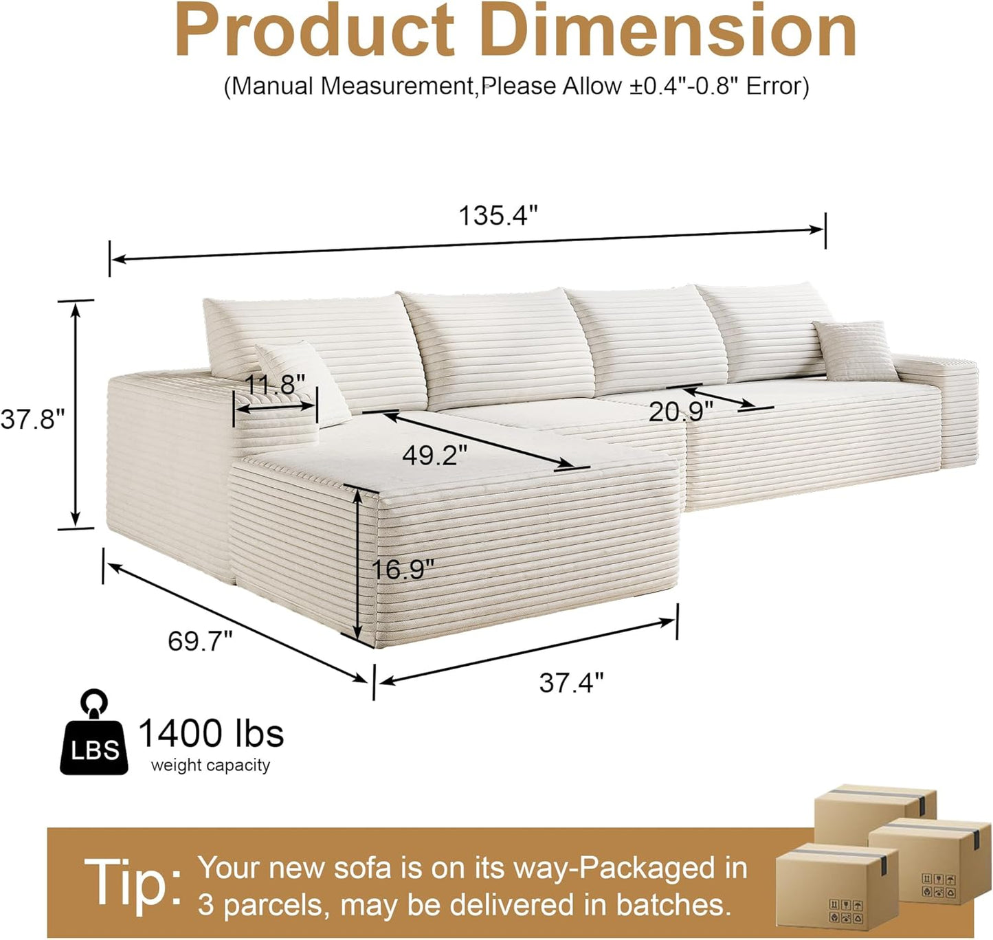 136" Sectional Couches for Living Room Modern Modular Sofa with L-Shape Couchs Upholstered Boneless Couch Deep Seat Sectional Couch with Chaise (White, Left Facing Chaise+3Seaters)