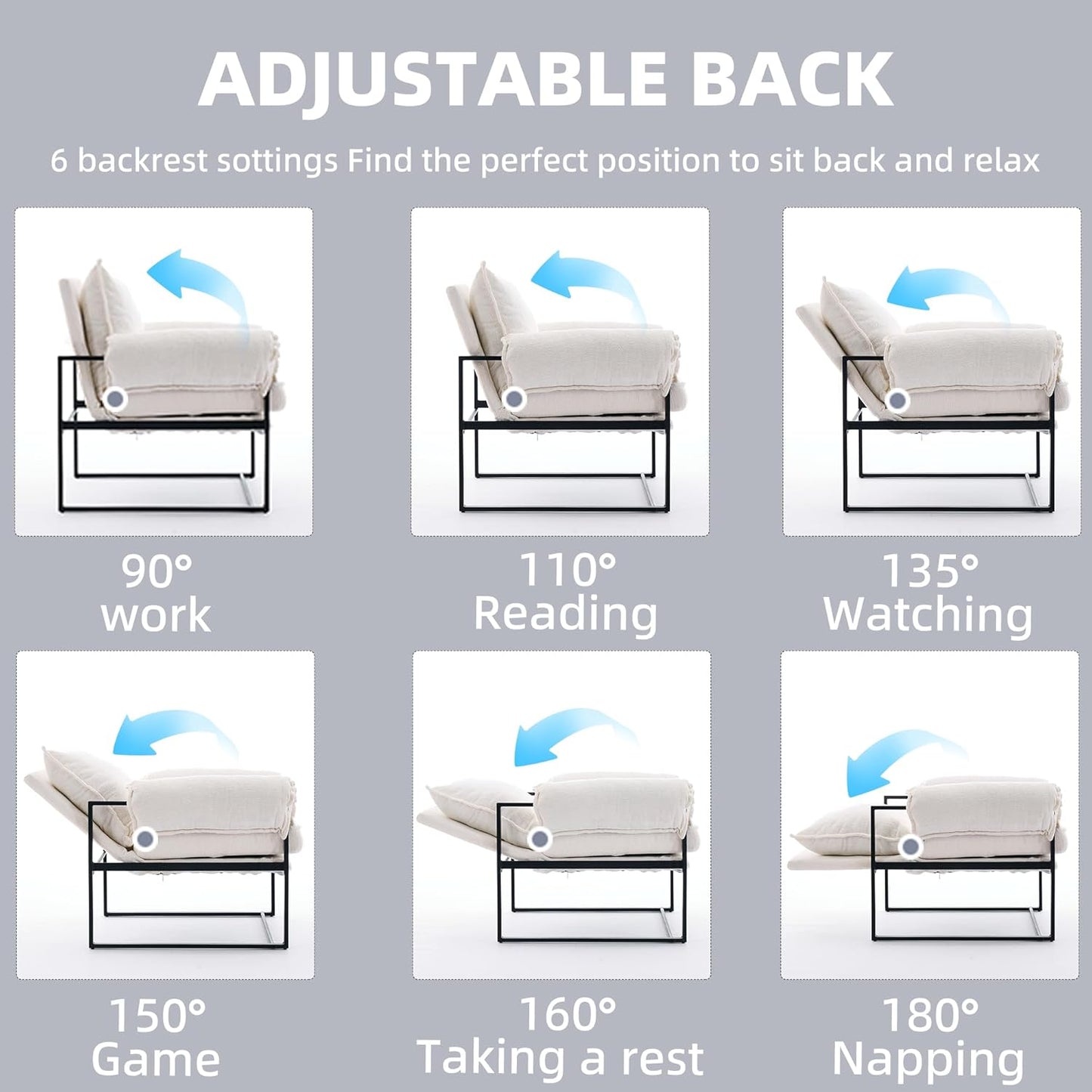 YISHENG Accent Chair with 6-Angle Adjustable Backrest, Chenille Fabric Living Room Chair Upholstered Lounge Chair, Modern Chair Cozy Reclining Chair for Reading Room, 1PC White