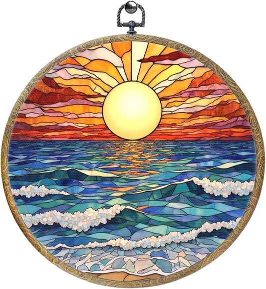 Colorful Boho Waves on The Beach Sunset Gifts for Sunset Lovers Framed Round Wall Decor Canvas Wall Art Hanging Prints Artwork for Home Nursery Bathroom Bedroom Living Room Decorations 10.2X10.2 Inch