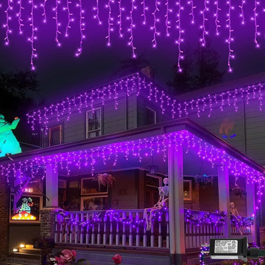 QITONG Purple Halloween Lights, 66ft 800 LED Icicle Light for Outside Indoor Plug in, 8 Modes Clear Wire Connectable Christmas Lights with 160 Drops