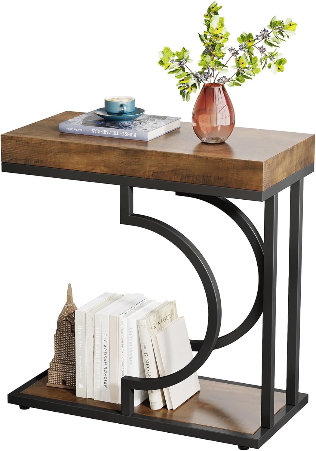 Tribesigns Side Table Set of 2 Narrow C Shaped End Table Modern Bedside Tables for Couch, Small Sofa Chairside Table with Metal Frame for Living Room (2, Brown+Black)