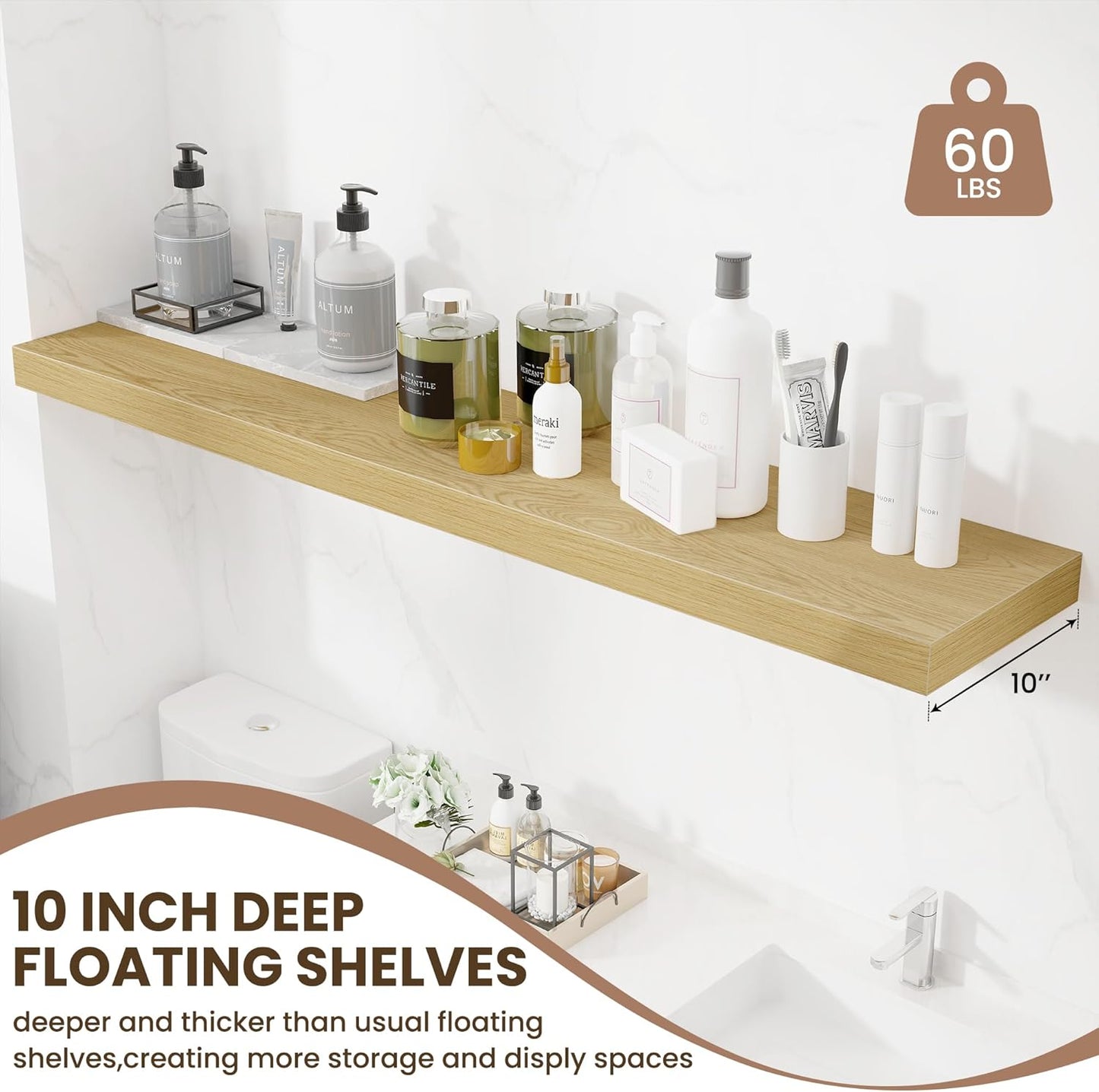 Fun Memories 55 Inch Fireplace Mentel Shelf, 10 Inch Deep Shelves for Display & Wall Storage, Rustic Wood Wall Shelf, Extra Long Floating Shelves for Living Room Laundry Room, Oak, Set of 1