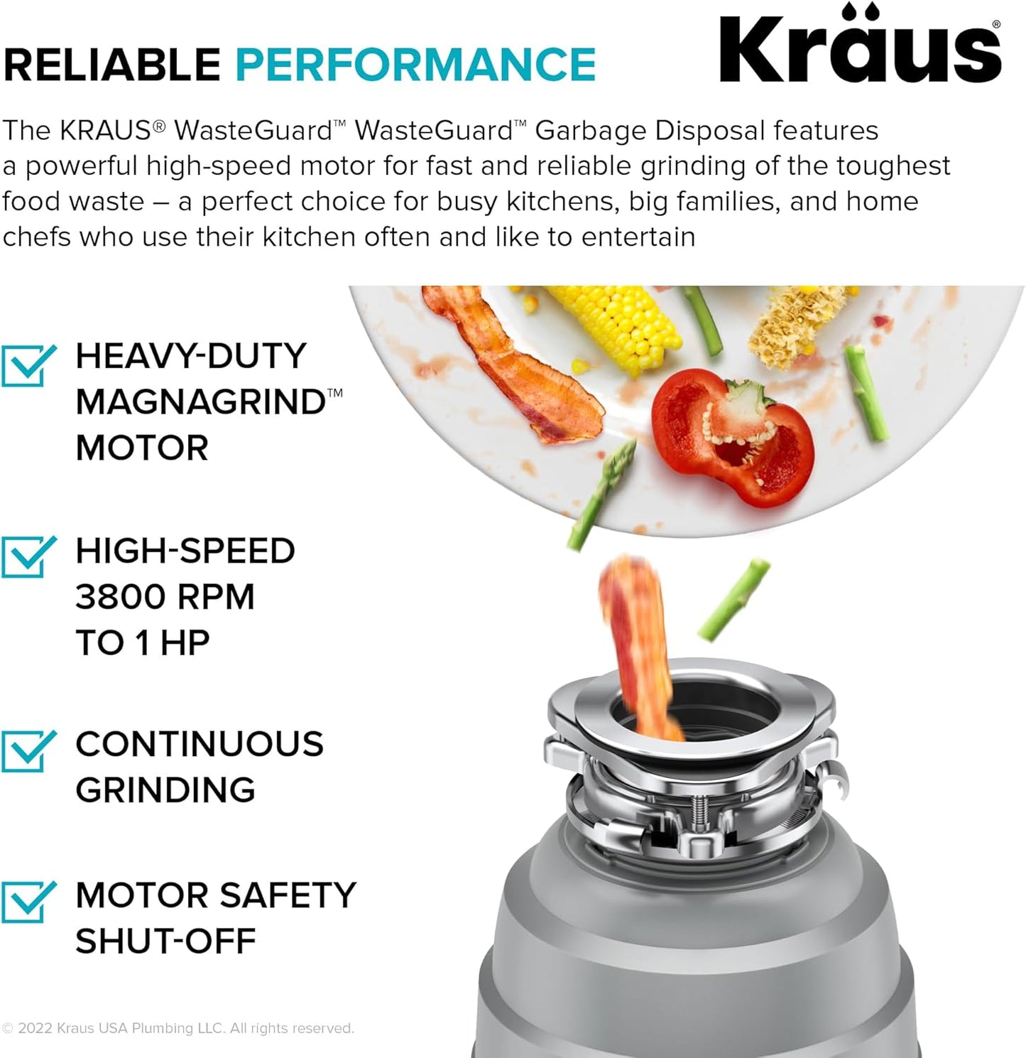 KRAUS WasteGuard High-Speed 1 HP Continuous Feed Ultra-Quiet Motor Garbage Disposal with Power Cord and Flange Included and Universal Mount, KWD200-100MGR
