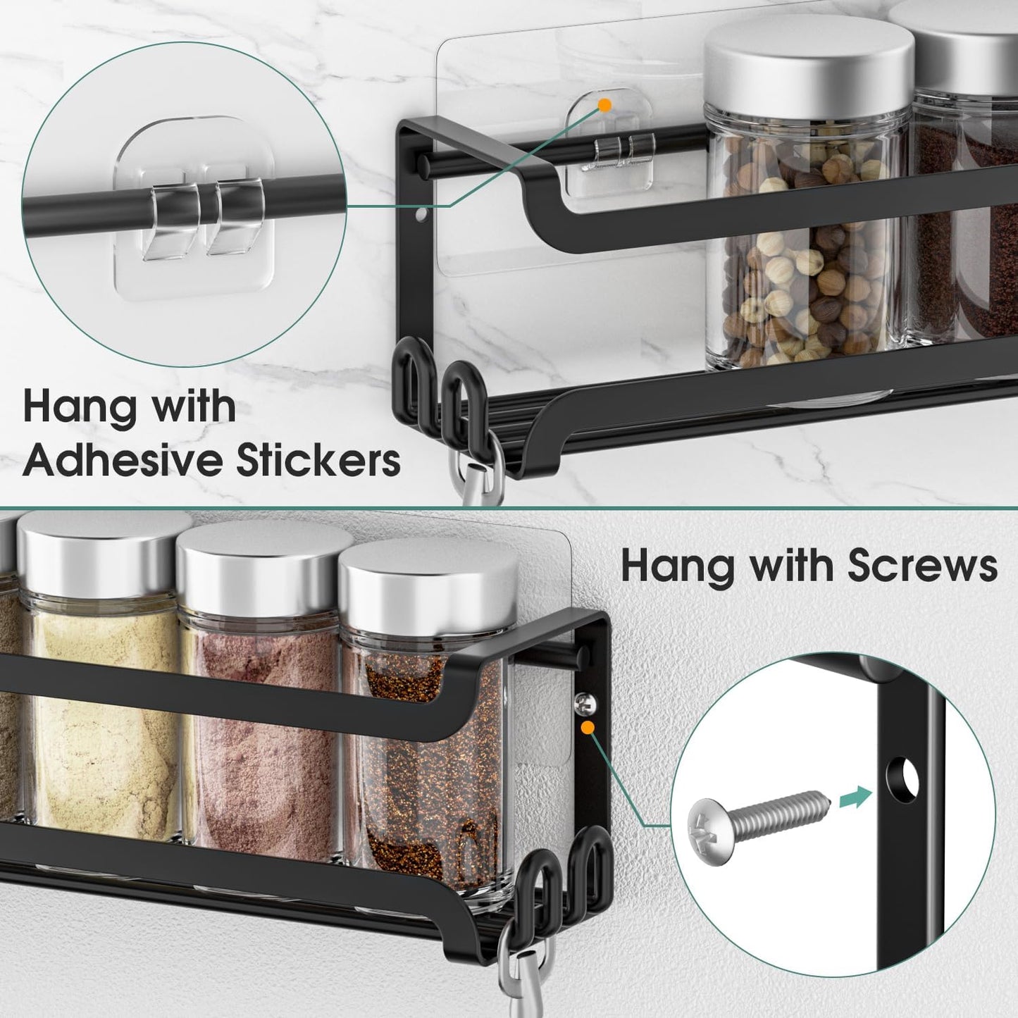 LUCYCAZ 4 Pack Wall Mounted Spice Rack with 16 Hooks, Spice Organizer Shelf for Stove Cabinet Pantry Door,Screw or Adhesive Spice Shelf Hanging Wall Spice Rack in Kitchen and RV (Black, 4 PACK)