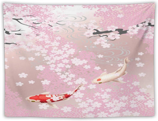 Houselerax Japanese Koi Fish Tapestry, Cherry Blossoms Asian Oriental Pink Flower Branch Koi Fish Carp Tapestries Wall Hanging for Bedroom Living Room Office Decor 80"x60"