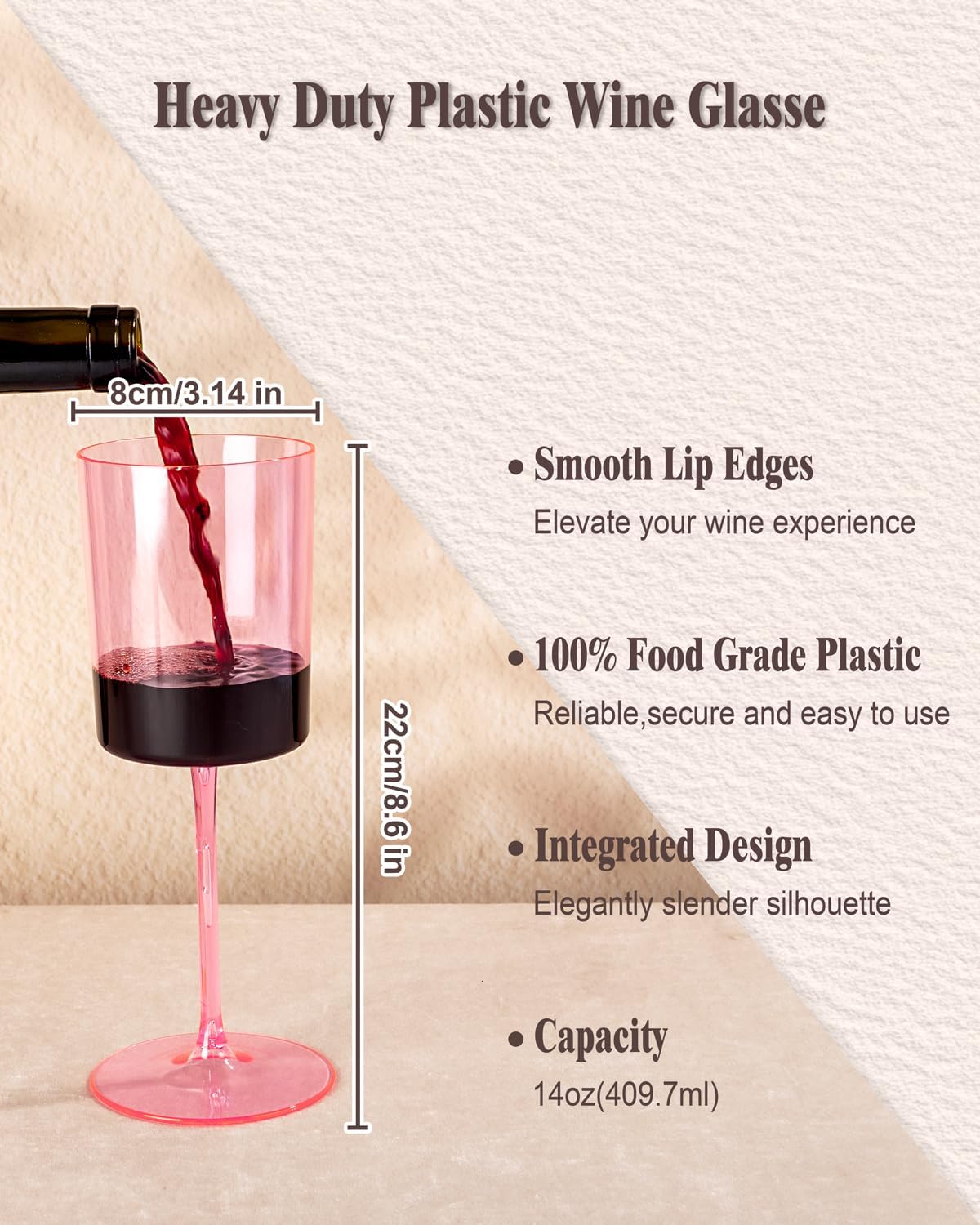 Ciaell 12 Pack Pink Plastic Wine Glasses - 14Oz Plastic Wine Glasses with Stem - Disposable Stemmed Wine Glass for Parties & Weddings & Outdoor