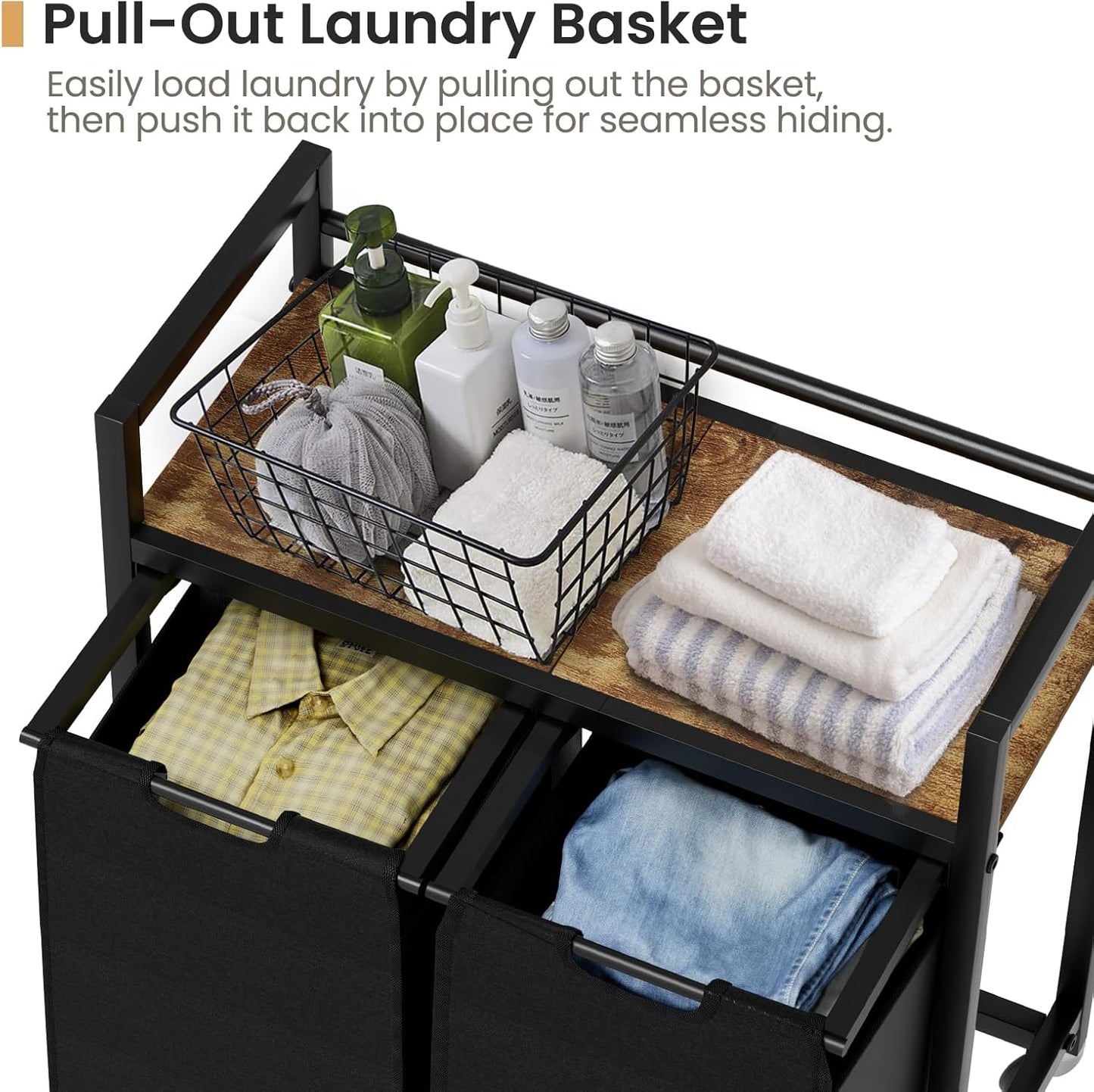 Laundry Hamper, Laundry Basket, Laundry Sorter with 2 Removable Bags, Clothes Basket with 2 Compartments, Wheels, Shelf for Laundry Room Bathroom Bedroom (2 Bags-Black)