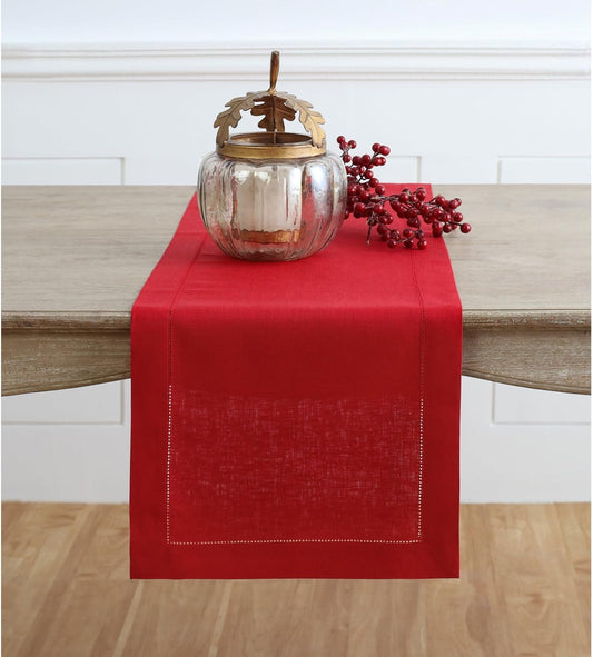 Solino Home Linen Red Table Runner 120 Inches Long - 100% Pure Linen 14 x 120 Inch Table Runner - Classic Hemstitch