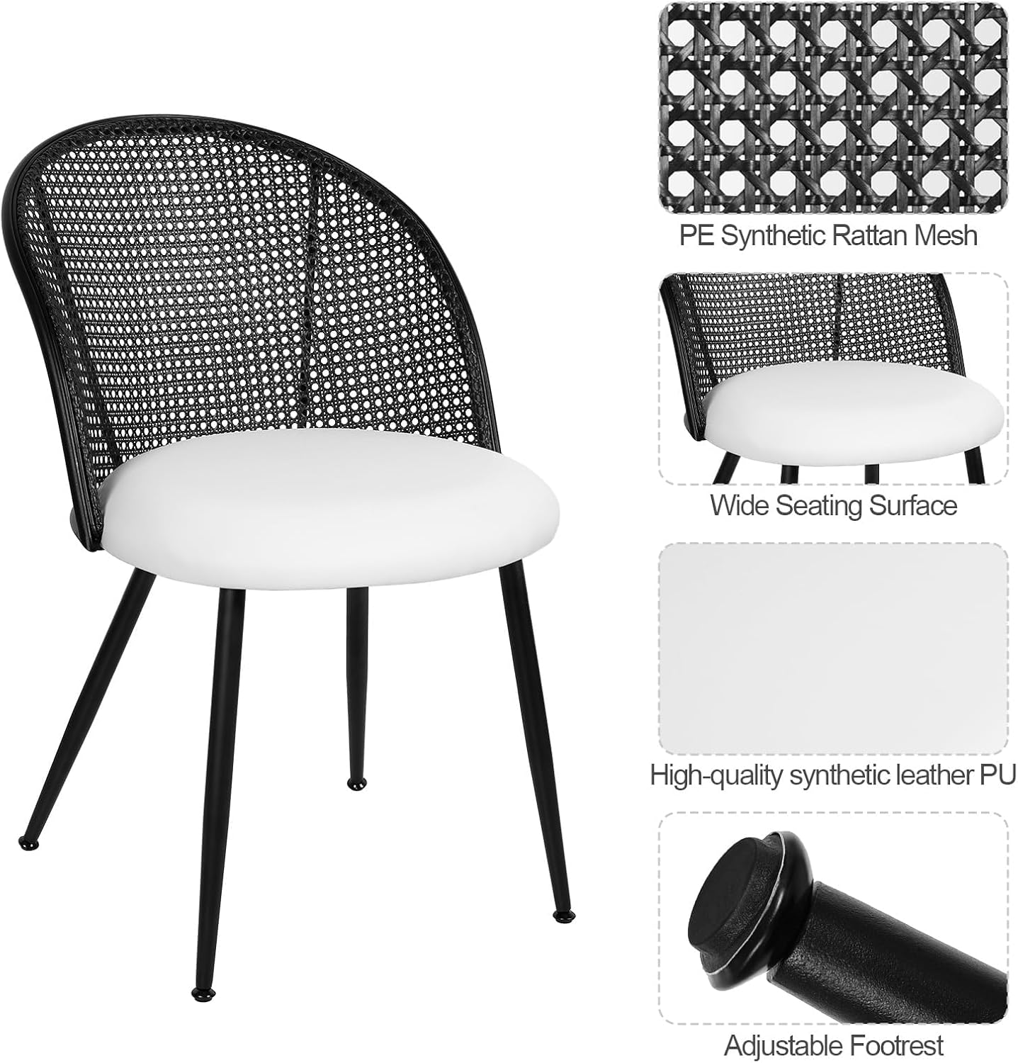 Rattan Dining Chairs Set of 2, Faux Leather Upholstered Dining Chairs with Black Cane Back, Mid-Century Modern Farmhouse Armless Accent Chairs for Kitchen Dining Room, Restaurant,White