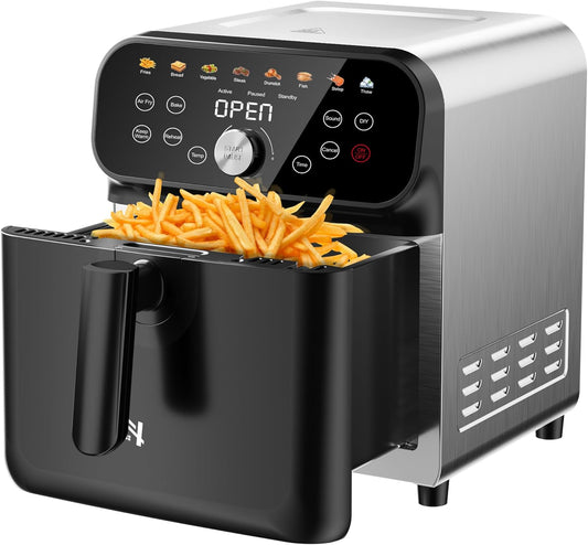 6QT Air Fryer Oven with LED Digital Touchscreen, 12 Preset Cooking Functions Air fryers, Bake, Reheat, Keep Warm, Nonstick and Dishwasher-Safe Basket, Stainless Steel/Black