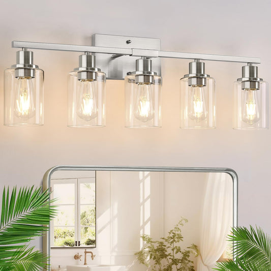 5-Light Bathroom Light Fixtures, Brushed Nickel Bathroom Vanity Light with Clear Glass Shades, Modern Bathroom Wall Lamp for Mirror Living Room Cabinet Bedroom Porch