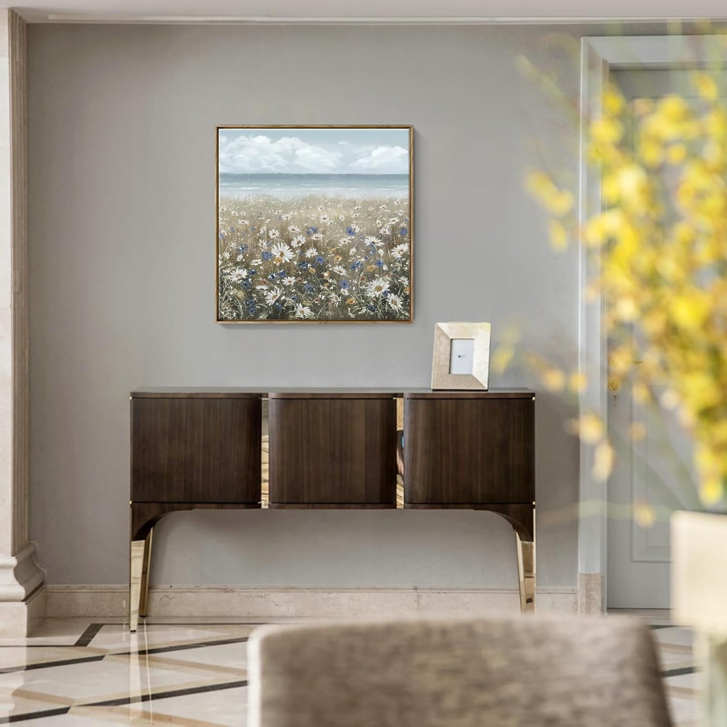 Framed Wall Art for Bedroom Decor Farmhouse Boho Beach Coastal Vintage Floral Ocean Wall Picture Daisy Flowers Sea Canvas Print Nautical Neutral Seascape Artwork for Home Living Room Bedroom Office