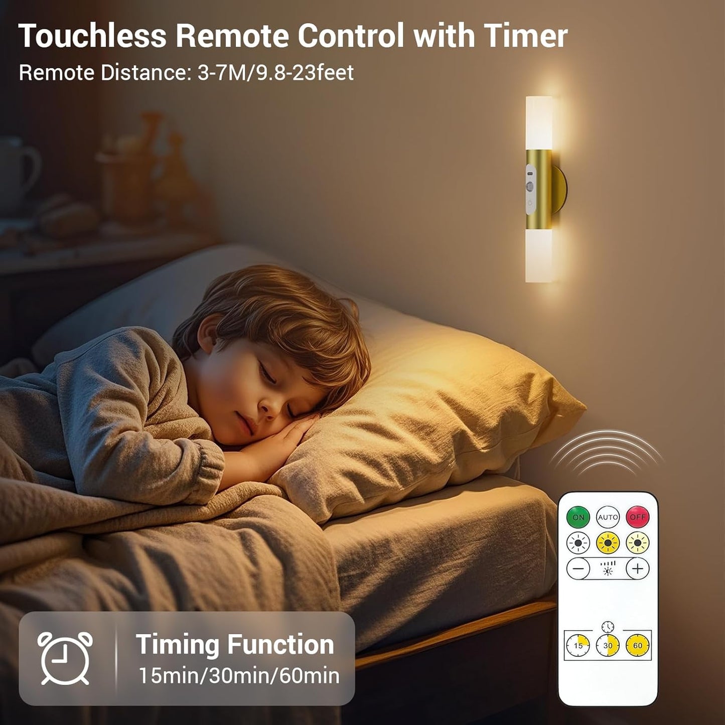 Motion Sensor Wall Sconces with Remote Control, LED Rechargeable Battery Operated Wall Lights Set of Two for Living Room, Indoor Wireless Wall Lamps for Bedroom, Hallway, Stair, Gold 2 Pack