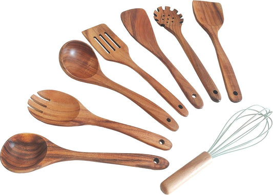 Wooden Kitchen Utensils Set, Teak Wood Cooking Spoons for Non-Stick Pans, 8 Pieces