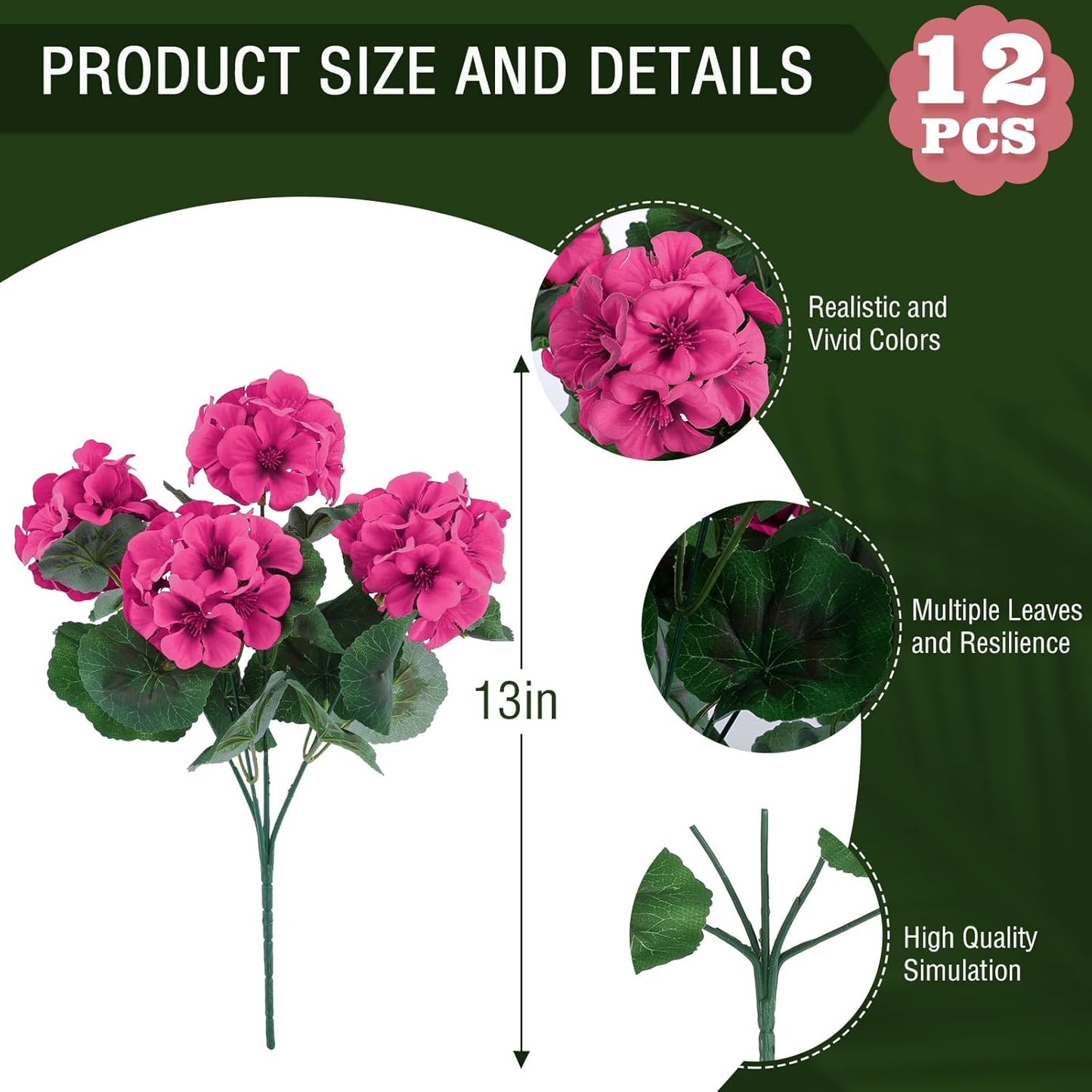 Hananona 12 Pcs Artificial Geranium Flowers for Outdoors Geranium Silk Flowers Outdoor UV Resistant Garden Plants Faux Flowers for Ptio Front Door Kitchen Table Centerpieces Home Decor (12, Rose Red)