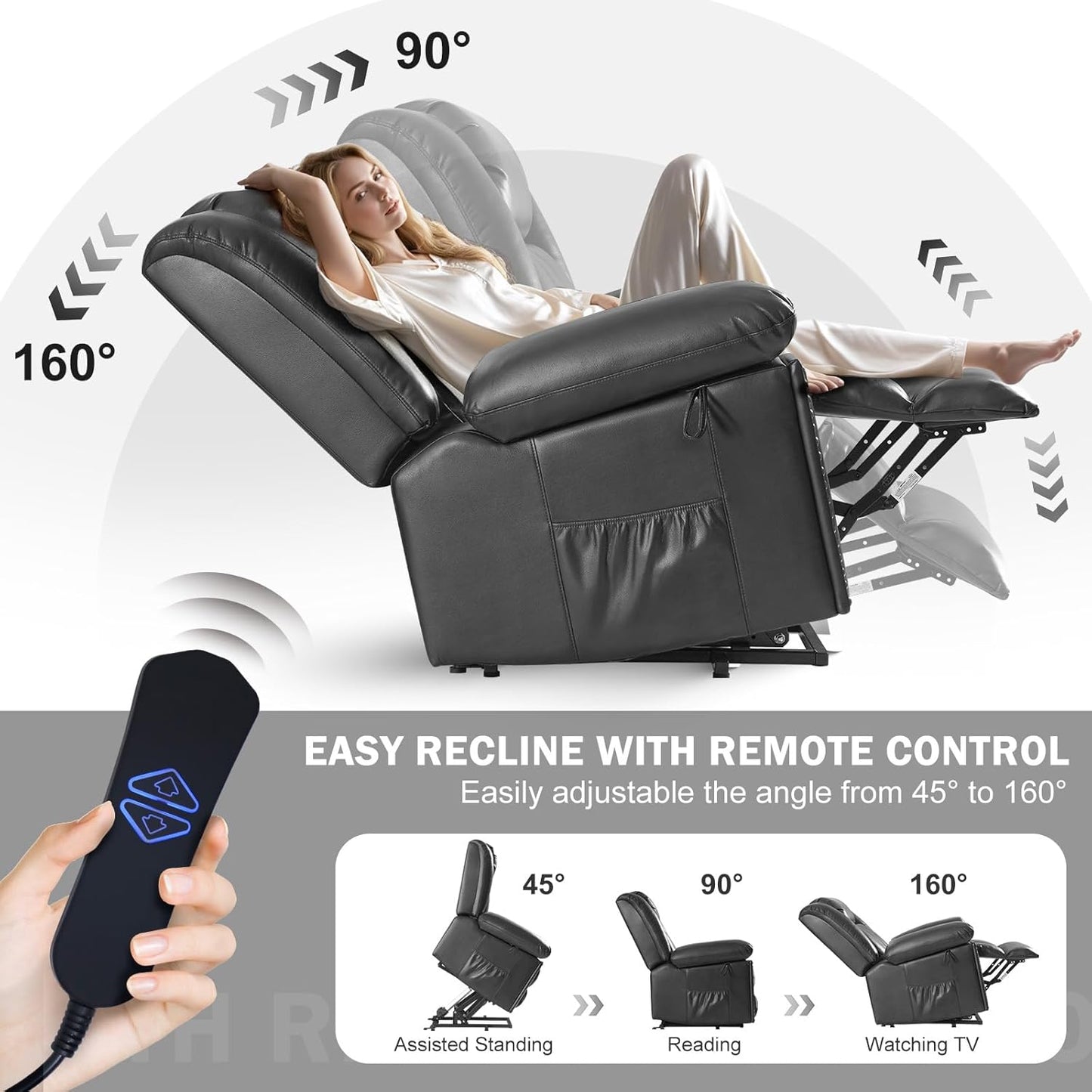Electric Power Lift Recliner Chair for Elderly with Heat & Massage, Breathable Leather Large Reclining Chairs w/2 Concealed Cup Holders for Seniors Home Living Room,1PC,Grey