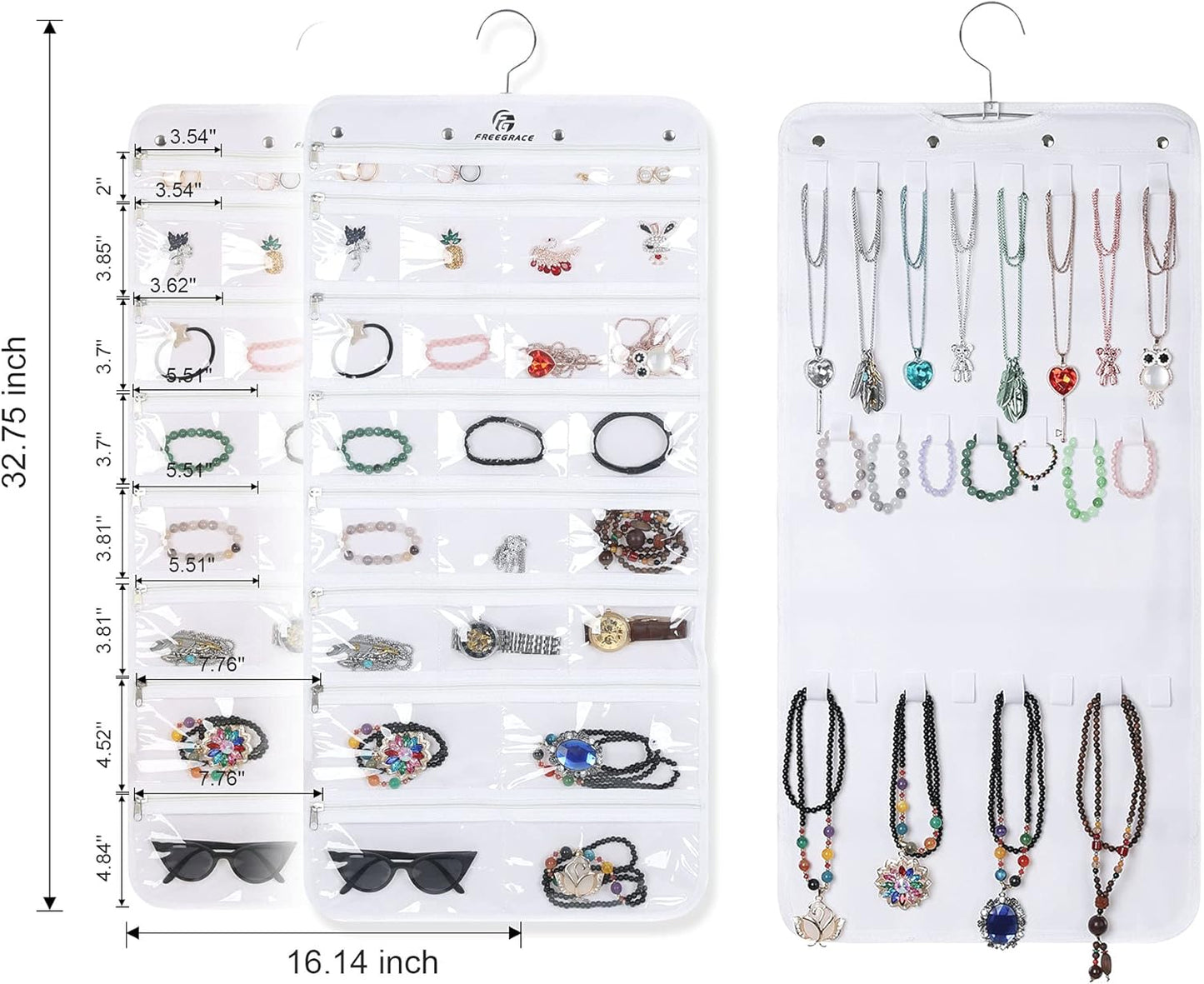 Freegrace Hanging Jewelry Organizer Revolving Hanger - Secure Zipper Closure - 25 Pockets,23 Hooks - Foldable Storage & Display Solution - For All Jewelry & Bijoux (White)