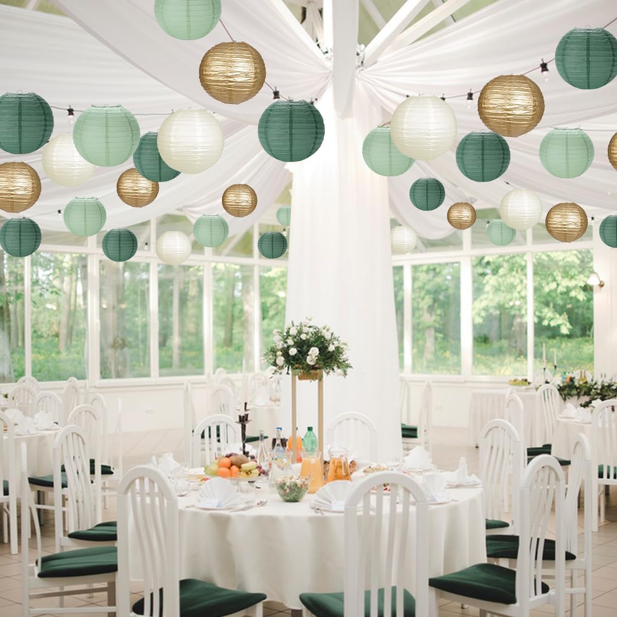 Paper Lanterns Sage Green Gold Round Hanging Chinese Lanterns for Birthday Party Baby Shower Bridal Shower Decorations Pack of 12