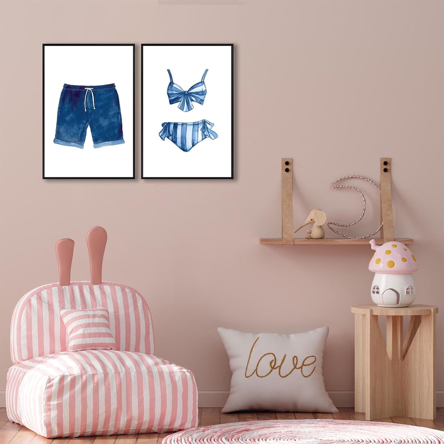 Liyark Set of 2 Retro Navy Blue And White Swimsuit Art Posters Beach Bathing Suit Prints Painting Beach House Wall Art Coastal Wall Decor Pictures For Bathroom Home Decoration 24x36in Framed