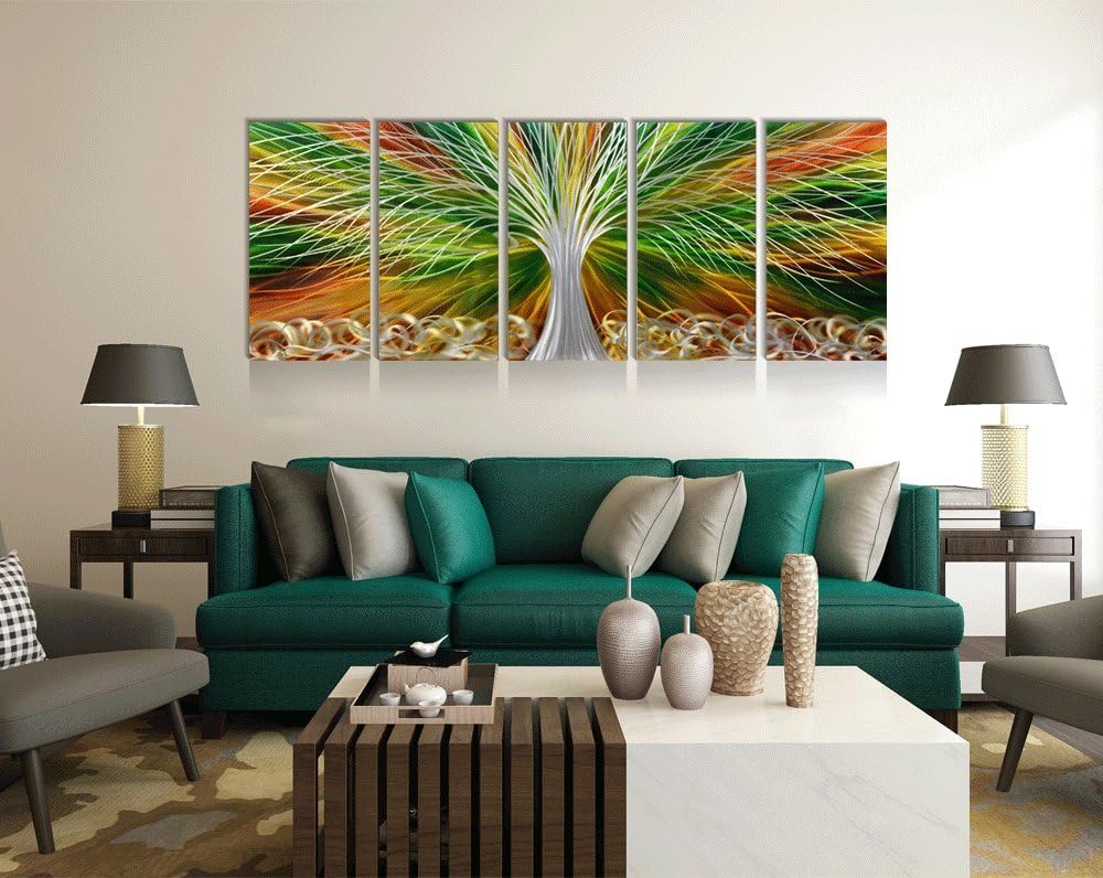 Yihui Arts Abstract Metal Wall Art - Tree Of Life Hand Crafted 5 Pieces Panels Large Big Unique 3D Aluminum Modern Contemporary Home Accent