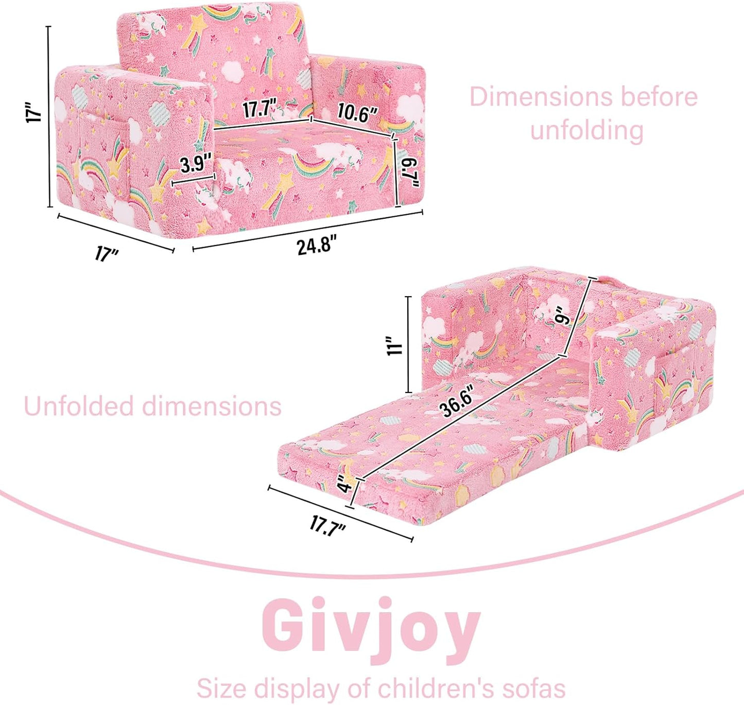 Toddler Chair Kids Couch, 2-in-1 Comfy Armchair with Removable and Washable Cover Carrying Handle, Convertible Reading Chair Toddler Couch for Girls and Boys, Pink Rainbow