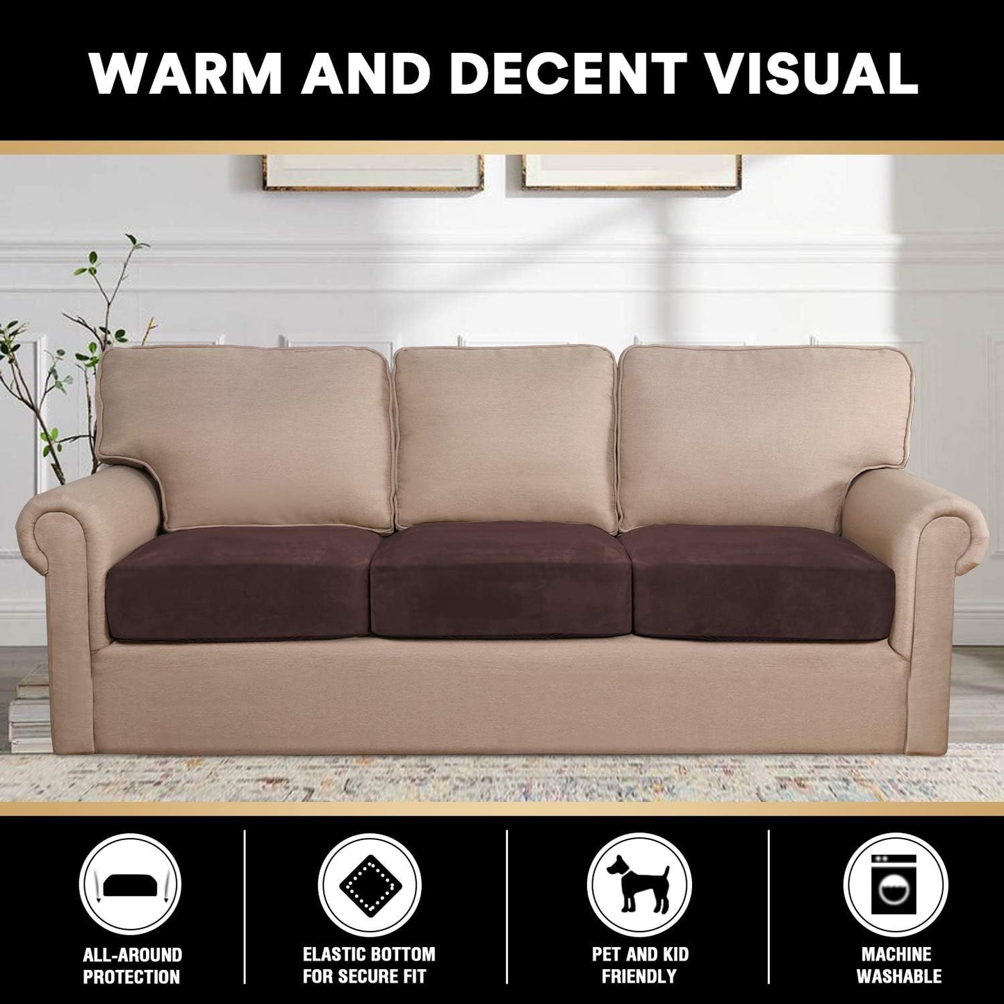 PrinceDeco Velvet Sofa Cushion Covers, Stretch Couch Cushion Covers for Individual Seat Couch Slipcover Sets Furniture Protector for Loveseat Sofa Cushion(Each Width Up to 29.5", Brown)