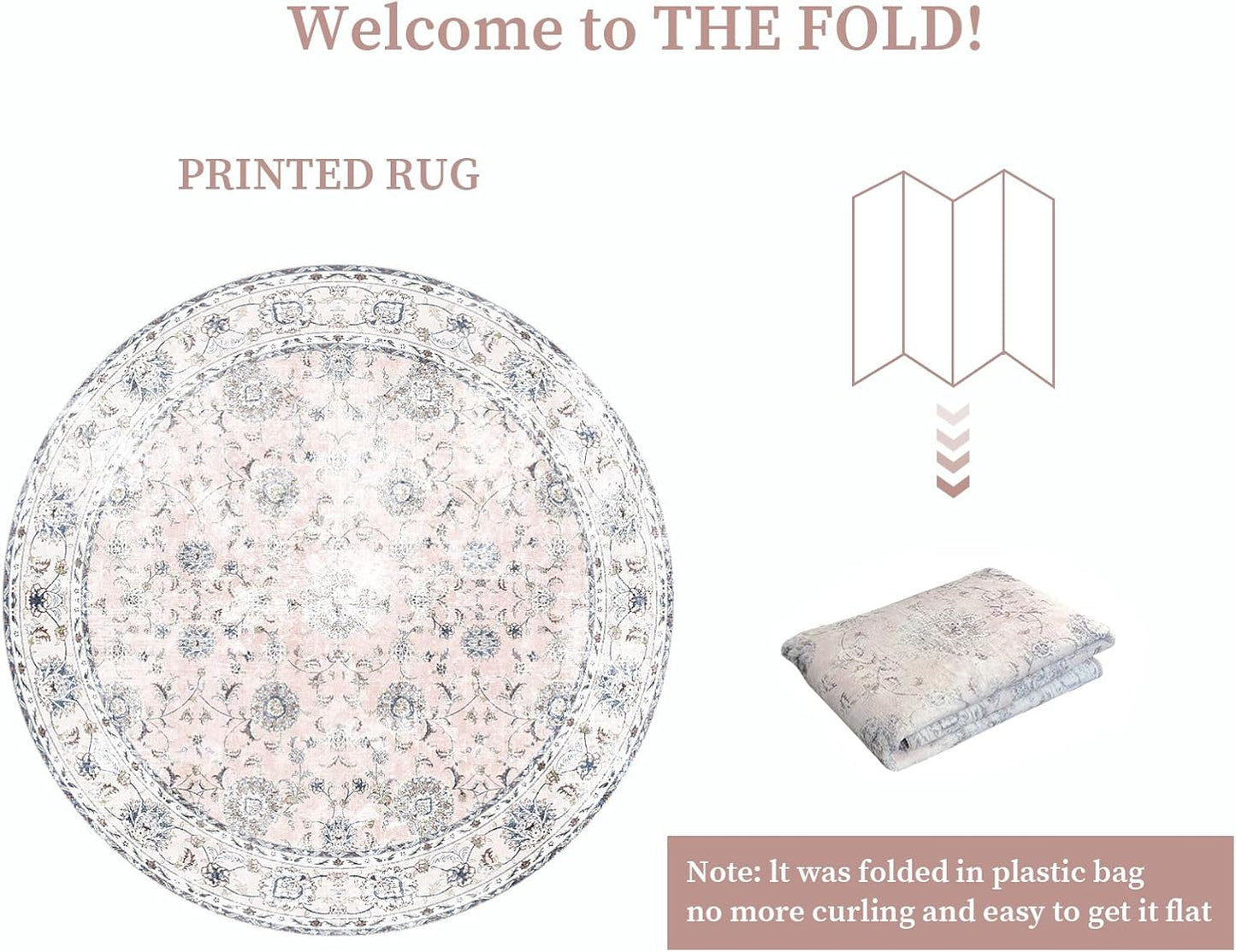 4'x4' Vintage Floral Rug - Persian Inspired Low-Pile Faux Wool Area Rug, Non-Slip Washable Round Rug for Bedroom, Nursery, Dorm, Soft Pink Boho Chic Decor