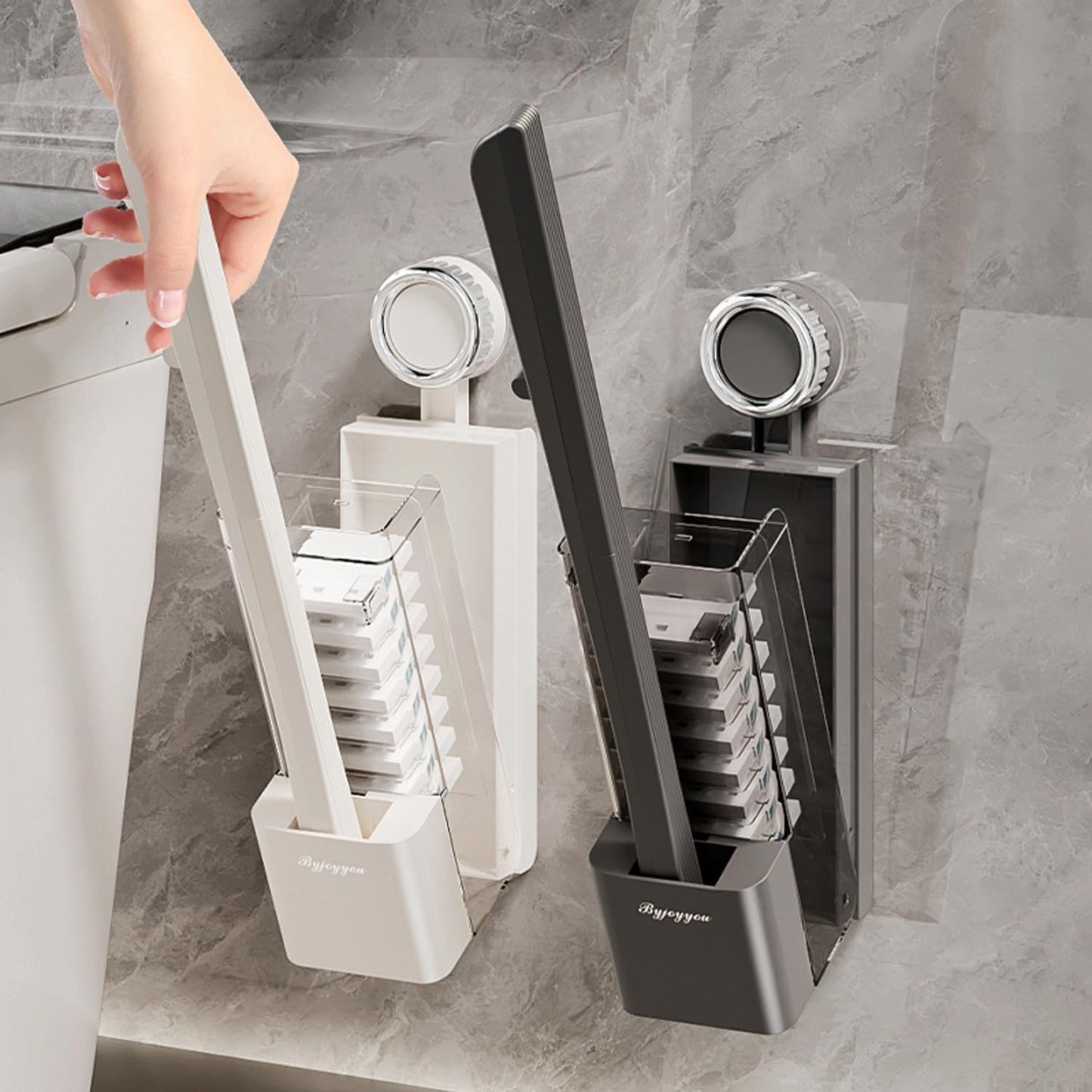 Disposable Toilet Brush with Replaceable Heads, Wall-Mounted Holder, Hygienic Bathroom Cleaning Tool (48 Box Refills)