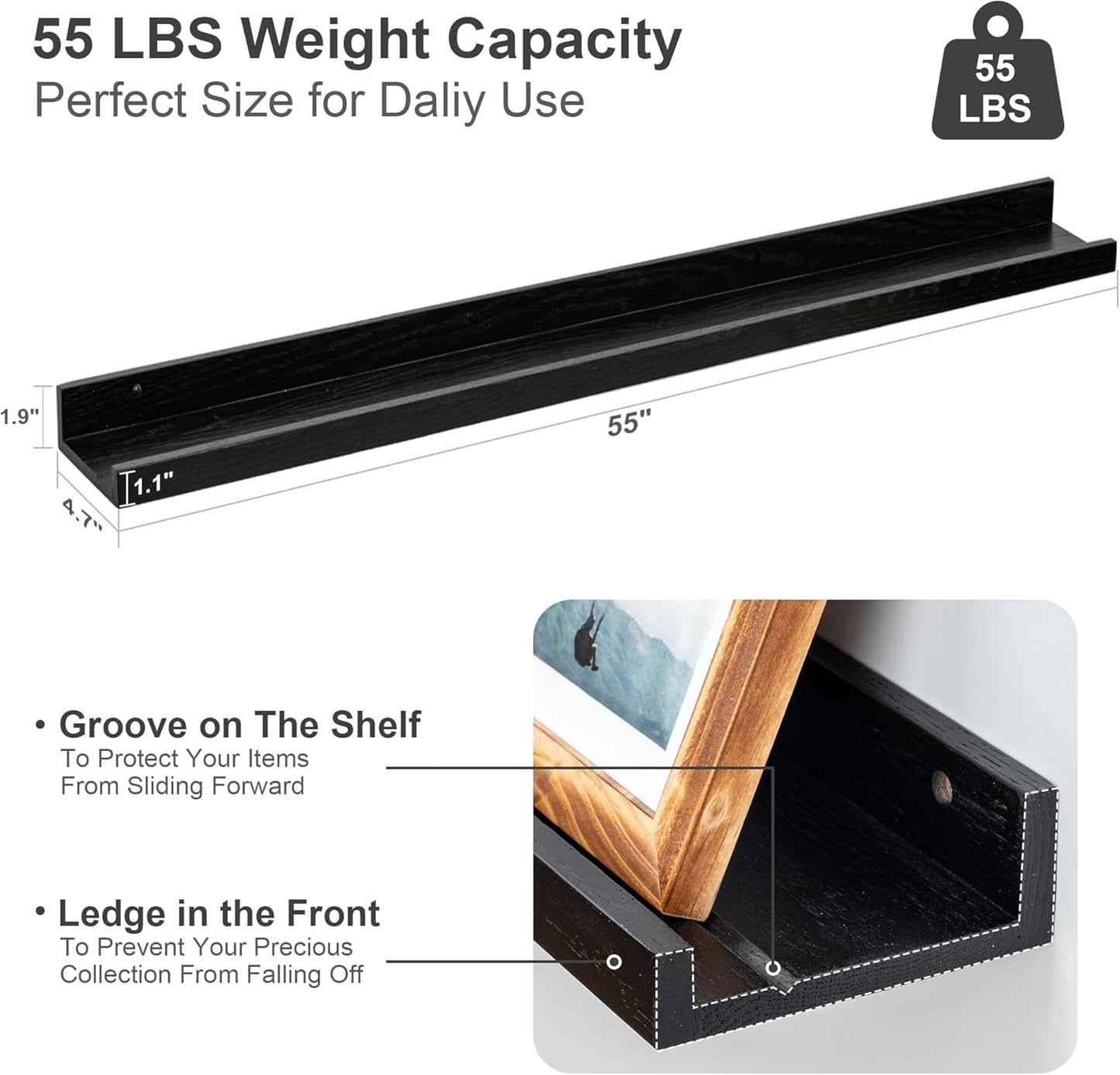 Floating Picture Ledge Shelves 55 Inch Solid Oak Wood Set of 2, Rustic Wall Storage Shelves with Lip, Kids Bookshelf, Photo & Picture Ledge Shelves for Bedroom, Living Room, Kitchen