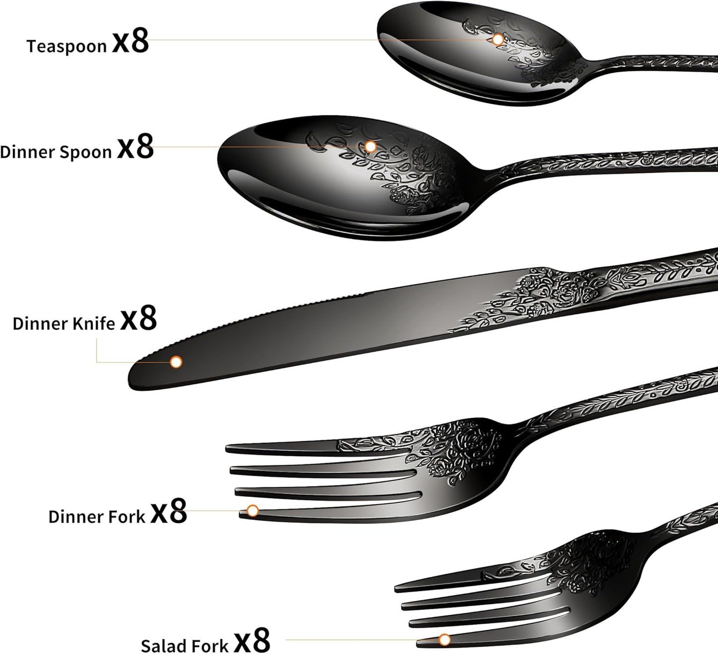 Floral 40 Pcs Black Silverware Set for 8, Food Grade Stainless Steel Flatware Set with Rose Flower Embossed Design, Eating Utensils Sets Include Fork/Knife/Spoon, Reusable Cutlery Set, Dishwasher Safe